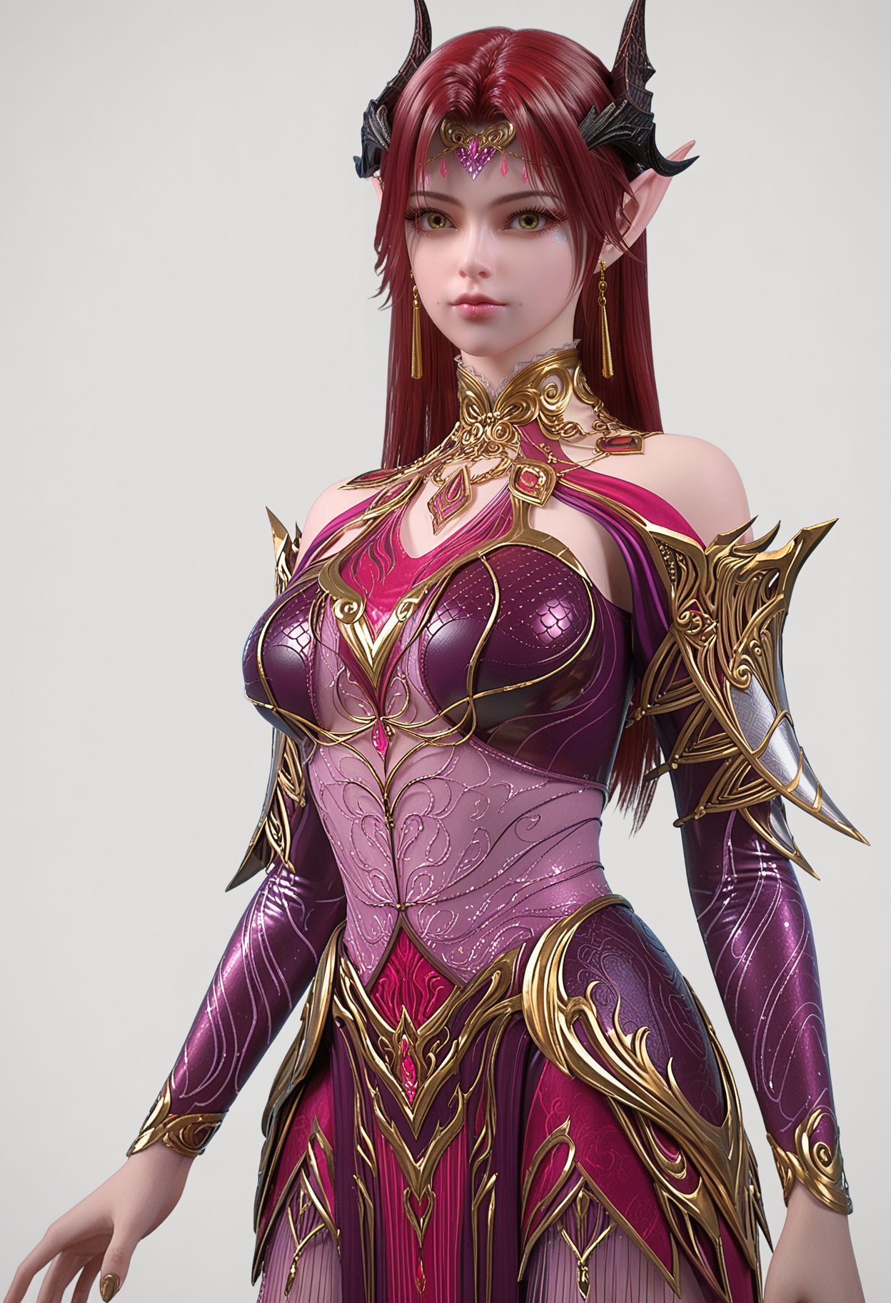score_9,high detail,best quality,shiny skin,shiny,yaoyexun,1girl,solo,yellow eyes,red hair,long hair,jewelry,white background,pointy ears,horns,earrings,simple background,bare shoulders,breasts,dress,lips,closed mouth,armor,realistic,looking at viewer,cowboy shot,<lora:QQSponyyaoyexunV1:0.8>,<lora:Pony_DetailV2.0:0.8>,<lora:皮肤凹痕:0.1>,