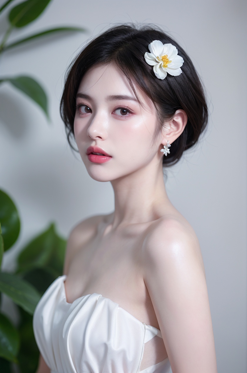 1girl, solo,(front view:1.2),(looking_at_viewer:1.4),(eye-contact:1.4),,black hair, short hair, jewelry, realistic, earrings, hair ornament, black eyes, lips, collarbone, parted lips, flower, watermark, upper body, portrait, hair flower, dress, web address, <lora:LH_zrV2:0.75>, <lora:YG红颜阁美女1:0.75>,