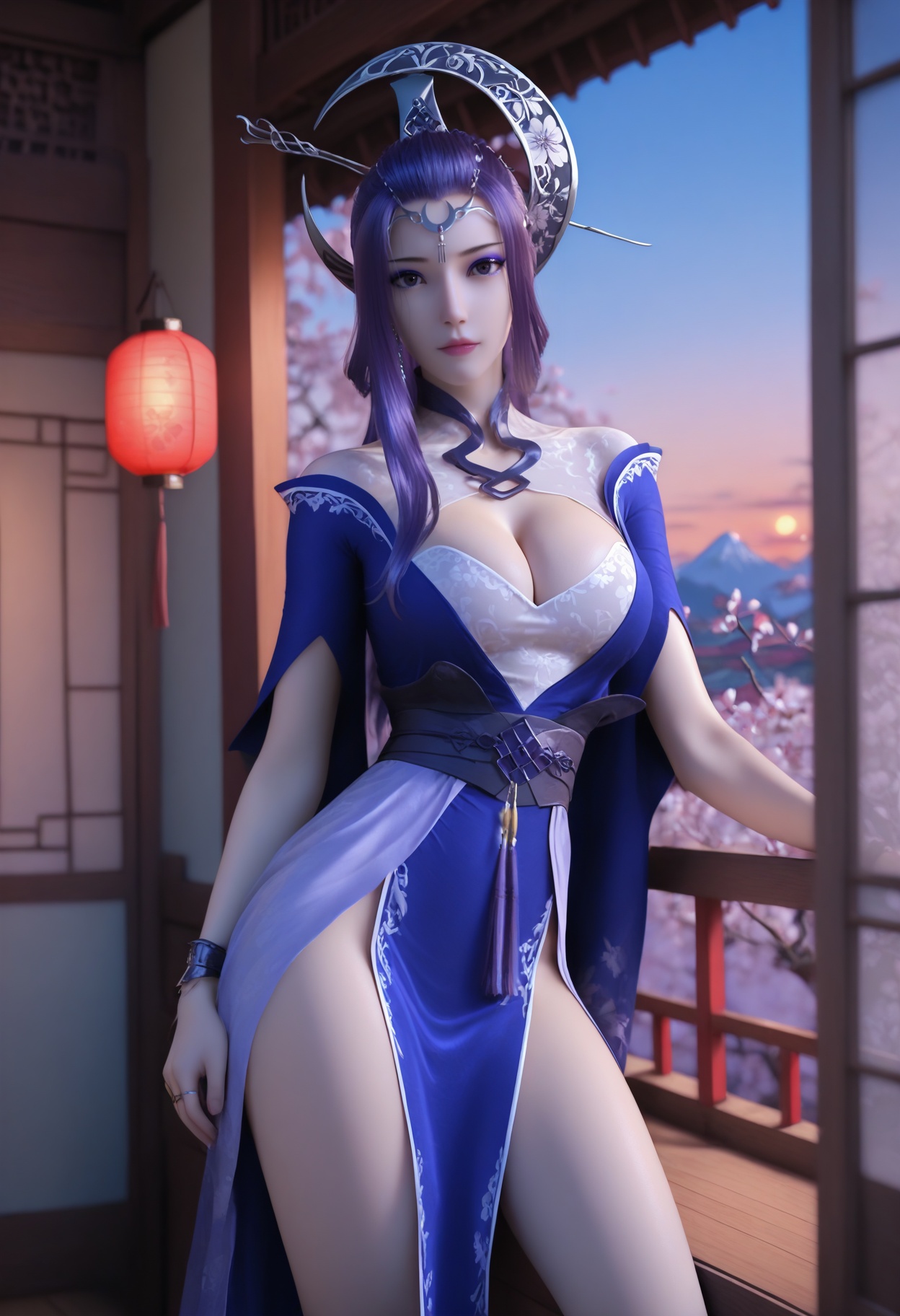 Yue_ji,1girl,purple hair,long hair,looking at viewer,circlet,cleavage,ring,large breasts,makeup,bracelet,jewelry,bare legs,anklet,earrings,blue dress,cape,chinese clothes,backless outfit,cleavage cutout,photorealistic,hyperrealistic,<lora:realistic filter [IL]:1>,looking at viewer,<lora:Yue_ji_10_illu-000004:0.75>,pale skin,crossed arms,lantern,open window,looking at viewer,indoors,mountains,blossoms,flowers,beautiful sunset,east asian architecture,