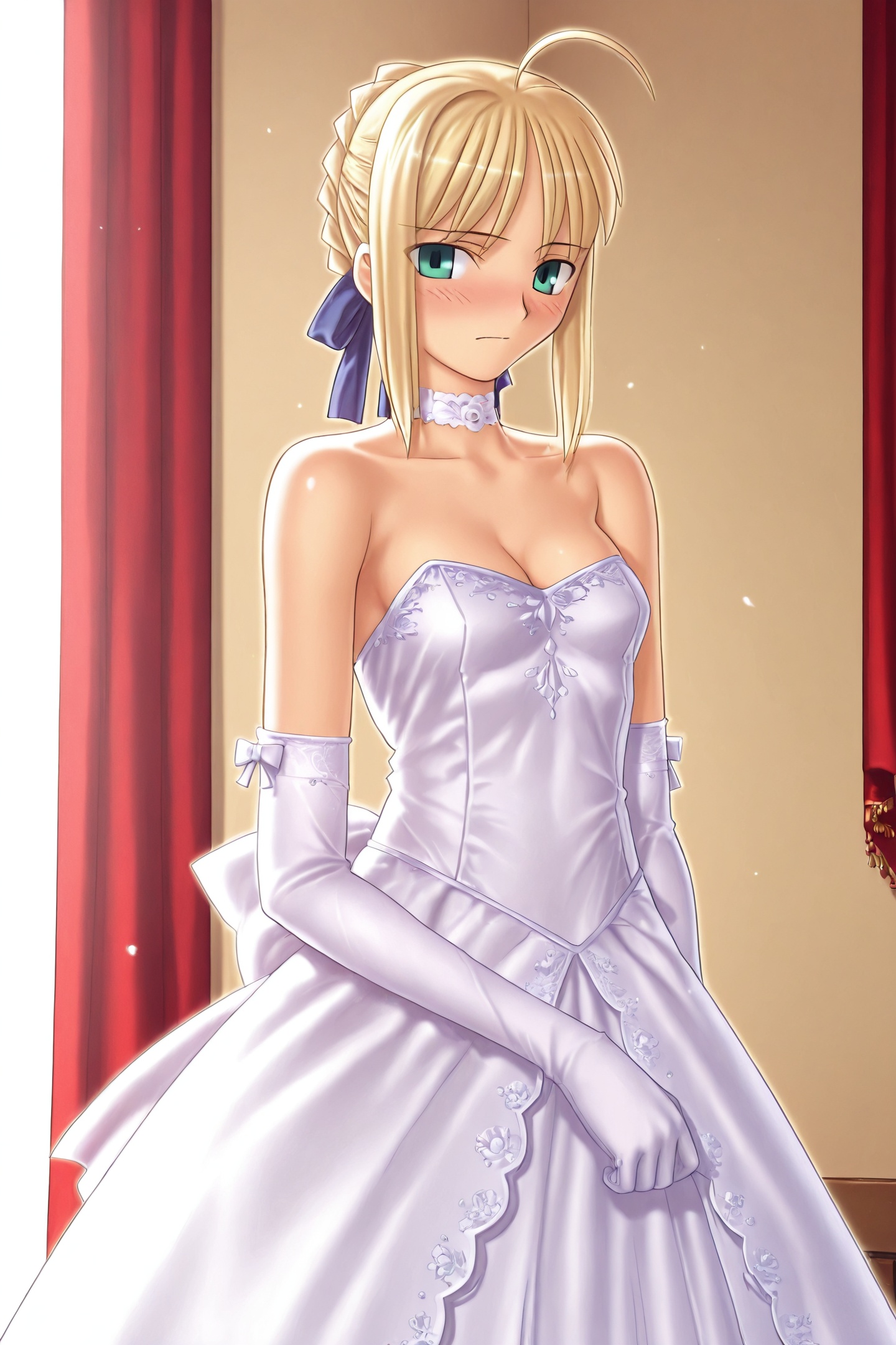 Fate stay night Style,1girl,solo,artoria pendragon \(fate\),saber \(fate\),gloves,blonde hair,dress,elbow gloves,green eyes,ahoge,official alternate costume,breasts,cleavage,wedding dress,small breasts,blush,bare shoulders,choker,bow,white dress,ribbon,<lora:Fate stay night_illustriousXL:1>,