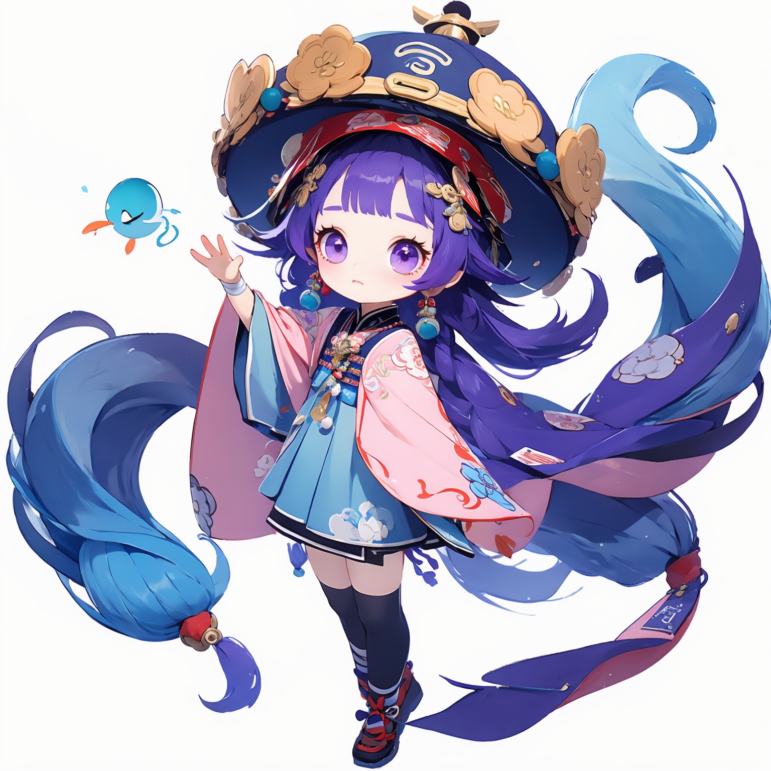 (masterpiece, best quality,top quality),[(white background:1.2)::5],(wide shot:0.95),Dynamic angle,(full body),<lora:GI_CVP-v15:1>,gicvp,1girl,loli,toddler,loli's body type,liyue,cryo,solo,beads,jewelry,hat,thighhighs,bead necklace,qing guanmao,hair ornament,purple hair,necklace,braid,jiangshi,white thighhighs,looking at viewer,long sleeves,long hair,ofuda,purple eyes,coin hair ornament,wide sleeves,bangs,shorts,braided ponytail,bandages,bandaged leg,earrings,standing,purple headwear,single braid,vision,dress,pink eyes,chinese clothes,zettai ryouiki,cape,yin yang,chibi,depth_of_field,particle effects,