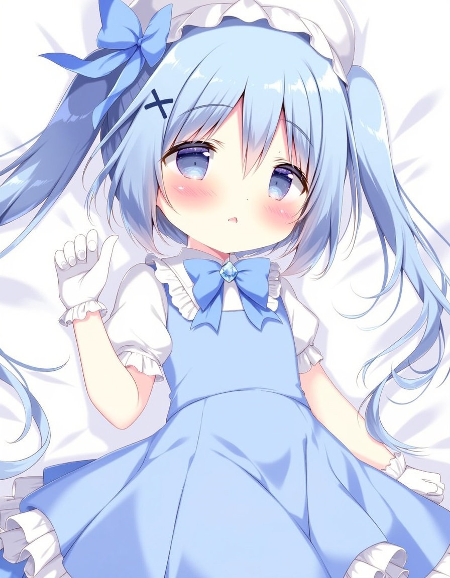 shiratama_(shiratamaco), commentary_request, 1girl, animal_ear_headwear, blue_bow, blue_bowtie, blue_dress, blue_eyes, blue_hair, blush, bow, bowtie, crystal, dress, frilled_gloves, frills, gloves, hair_ornament, hat, light_blue_hair, long_hair, looking_at_viewer, lying, on_back, on_bed, puffy_short_sleeves, puffy_sleeves, shirt, short_sleeves, solo, twintails, white_gloves, white_hat, white_shirt, x_hair_ornament, kafuu_chino, gochuumon_wa_usagi_desu_ka?, year_2024,, <lora:flux-Shiratamaco-000008:1>