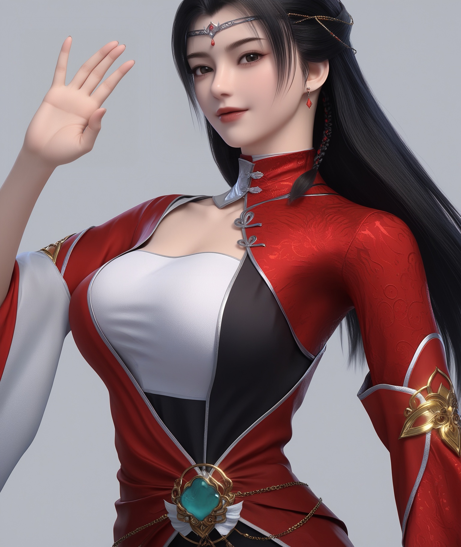 masterpiece,best quality,absurdres,highres,BREAK(glamor:1.1),slender,1girl,solo,<lora:流风霜ill:0.83>,long hair,black hair,hair ornament,jewelry,forehead ornament,earrings,white inner top,high collar,red silk robe,diagonal closure,sleeves with gold trim,golden chains at waist,collarbone,(large breasts),looking at viewer,upper body,(ok sign),BREAKsimple background,white background,