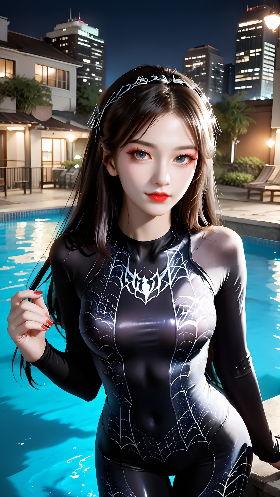 1girl,solo,bodysuit,spider web print,long hair,black hair,breasts,night,looking at viewer,medium breasts,outdoors,water,red lips,skin tight,hairband,realistic,pool,lips,makeup,sky,nail polish,city,building,standing,lipstick,<lora:pony宁荣荣-000008:0.8>,