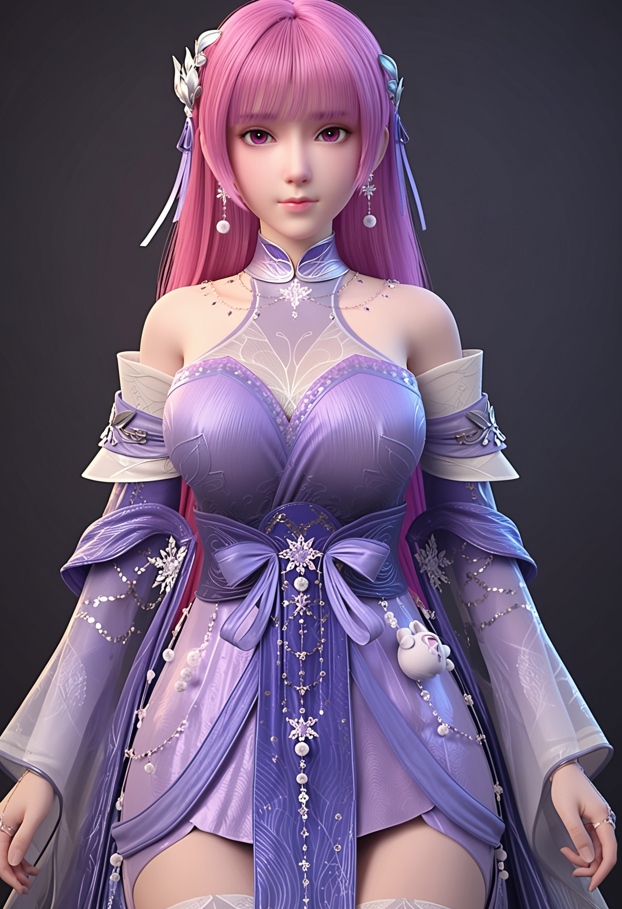 (gigantic breasts:0.6),(upper_body:1.2),(looking at viewer:1.1),facing viewer,direct gaze,<lora:YQ_pony_yeziyun_V4:0.8>,q1528437228,1girl,solo,long hair,hair ornament,jewelry,chinese clothes,dress,earrings,pink hair,purple hair,purple eyes,detached sleeves,blunt bangs,pantyhose,thighhighs,pink eyes,ribbon,wide sleeves,hair ribbon,very long hair,necklace,ring,see-through,shoes,BREAK simple background,pure black background,black background,perfect anatomy,