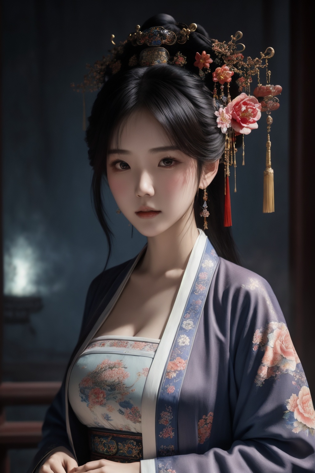 masterpiece,best quality,highly detailed,Amazing,finely detail,extremely detailed CG unity 8k wallpaper,score:>=60,1girl,chang,(hanfu:0.8),long sleeves,(cleavage:0.7),east asian architecture,upper body,