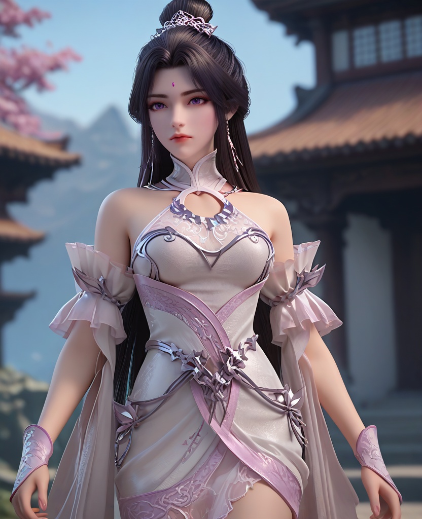 (oriental architecture, elegant decor, sophisticated style:1.1),standing,(breasts:1.2),<lora:XL16完美世界月婵:0.95>,miss yuechan,solo,pinkish white corset,sash,pinkish white sheer fabric skirt,purple eyes,forehead jewel,traditional chinese updo,black hair,very long hair,hair ornament,bare shoulders,detached sleeves,wristband,, zPDXL2, score_9, score_8_up, score_7_up BREAK realistic, masterpiece,best quality, highly detailed,, zPDXL3, zPDXL2,zPDXL, zPDXLxxx, zPDXLrl,