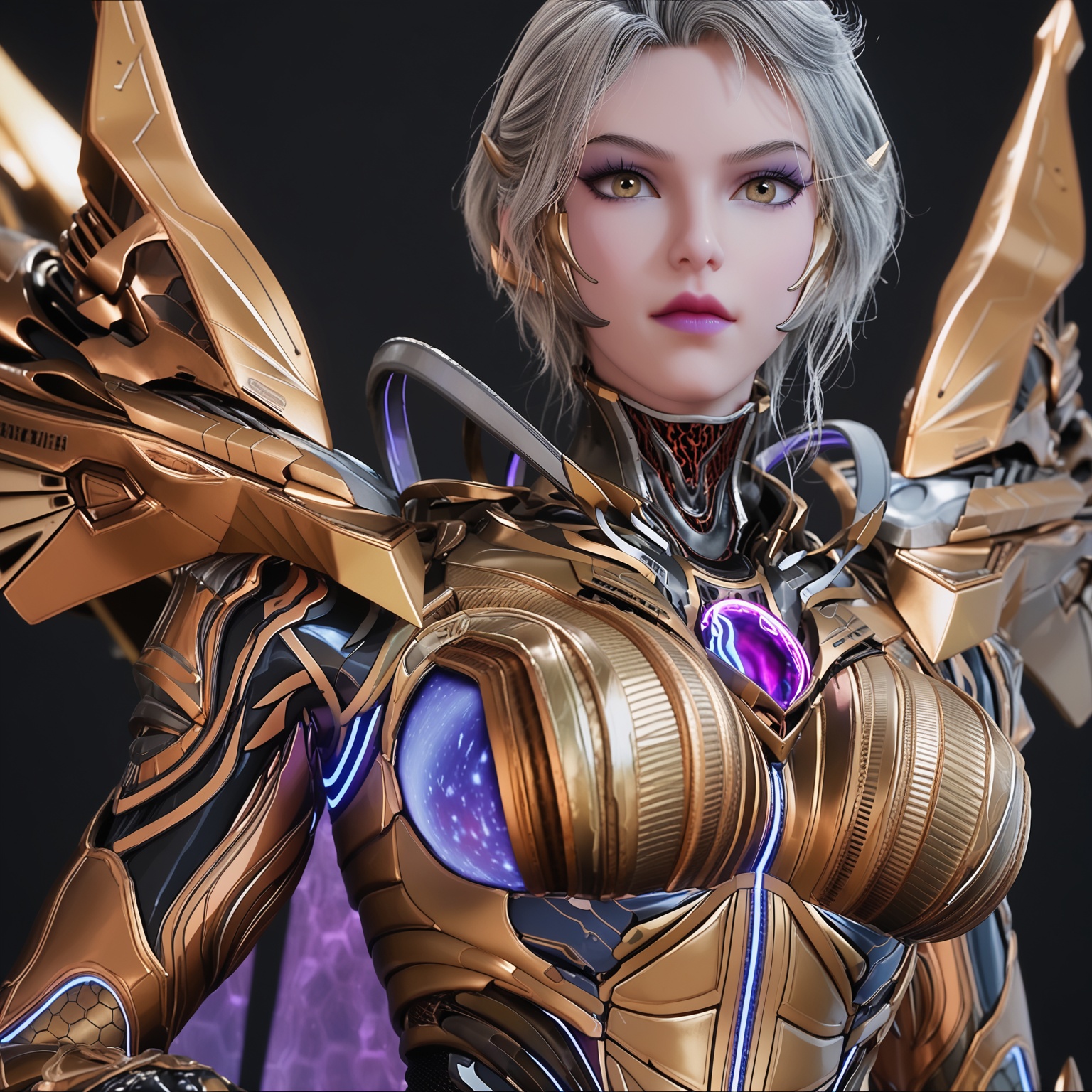 1girl,solo,<lora:YQponyjiuhuangnvV2:0.8>,short_hair,science_fiction,wings,mechanical_wings,score_9,lips,breasts,makeup,grey_hair,realistic,purple_lips,armor,white_hair,bodysuit,lipstick,glowing,grey_eyes,brown_eyes,blue_hair,robot,blue_eyes,eyeshadow,high_heels,claws,yellow_eyes,BREAK score_9,upper_body,portrait,shiny_skin,looking at viewer,cinematic lighting,volumetric lighting,solo focus,(huge breasts:0.9),(simple background,pure black background,black background:1.1),