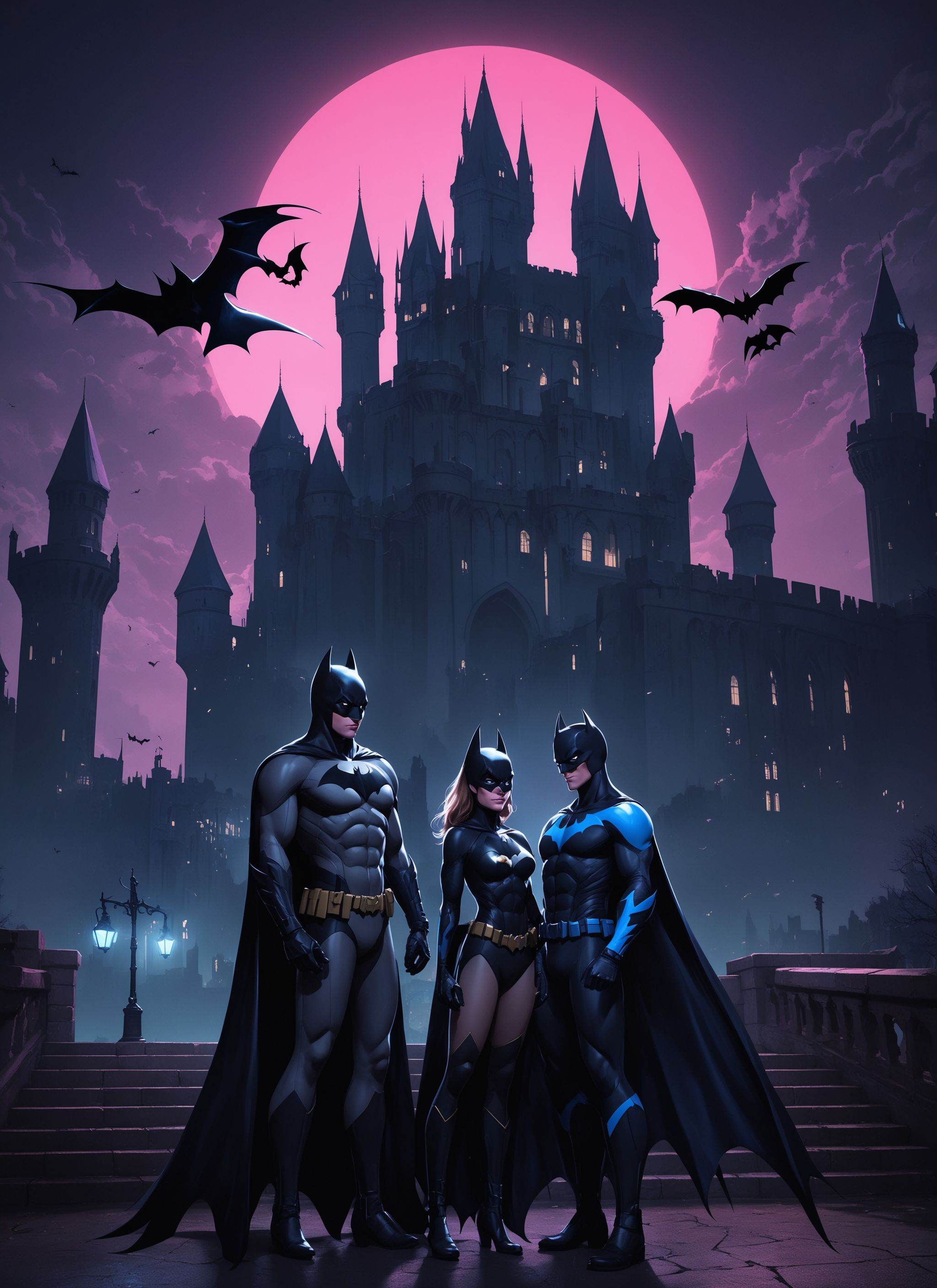 representation of batman and batgirl and nightwing,  castle background,  gorgeous view on Tensor.Art