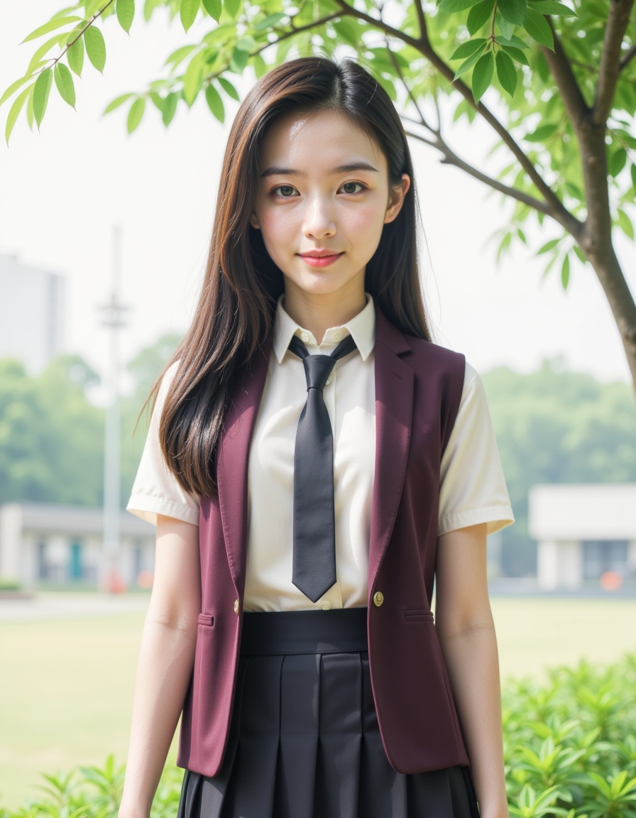 teenage, 1girl, solo, outdoors, long hair, smile, looking at viewer, school uniforms, blush, breasts, closed mouth, tree