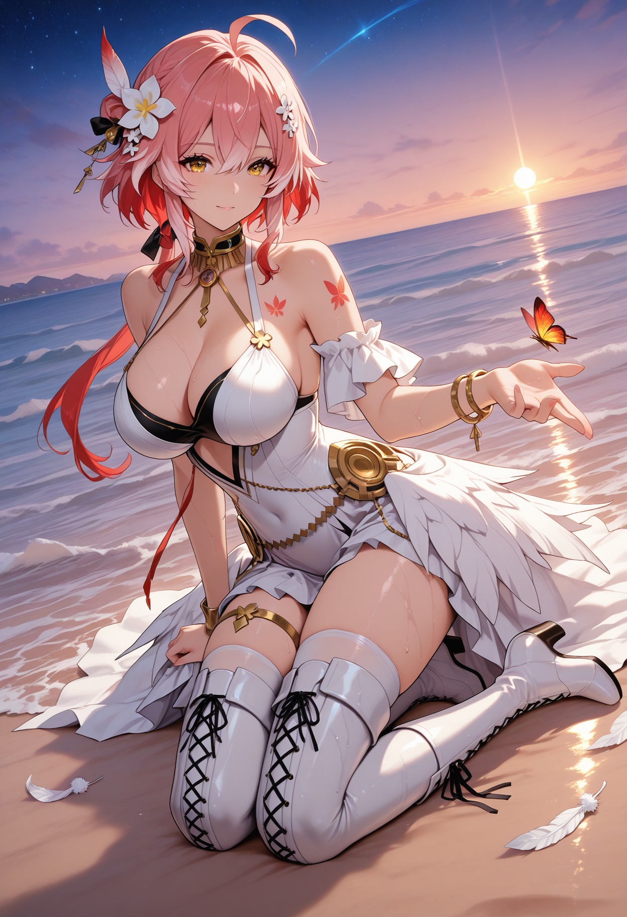 self_fondle,solo,beach,ocean,butterfly_tattoo,collarbonea,soxy,wet body,the body has water,leg chain,chest chain,belly chain,animal collar,waves,gradient_sky,starry_sky,dusk,in summer,<lora:长离师尊:1>,changli,1girl,long hair,bangs,hair ornament,ribbon,hair between eyes,bare shoulders,yellow eyes,ahoge,red hair,short hair,multicolored hair,highlighted hair,pink hair,flower,hair flower,sexy,<lora:浮光絮语:1>,fgxy,thighhighs,dress,bare shoulders,high heels,feathers,jewelry,white thighhighs,choker,bracelet,boots,white dress,white footwear,knee boots,cross-laced footwear,
