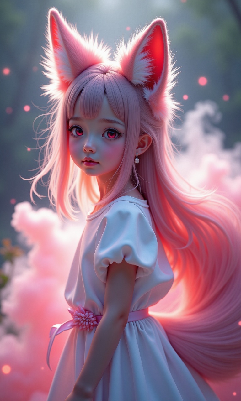 A beautiful photo,featuring a fox tail,fox ears,a cute little girl (real person) with 9 tails,a very cute face,and a white silk dress (half body view) in a beautiful garden,looking at the audience. White smoke,aurora background,perfect face,perfect hands,detailed symmetrical circular iris,love magic,beautiful sky realism,stunning realism photos,octane rendering,intricate details,movies,isometric,fantasy themes,mysterious,transformed art masterpieces,deep red eyes,color grading,light illustrations,ultimate quality,extremely detailed,ultra-fine face,ultra-high definition 8k. Pink Electric Light,Conceptual Art,Ultra Fine,Tri Color,Fantasy,Complex Details,Flash Screen,Complementary Colors Fantasy concept art,8K resolution,soft lighting,cinematography,cinematic graininess,surrealism,children's photography,