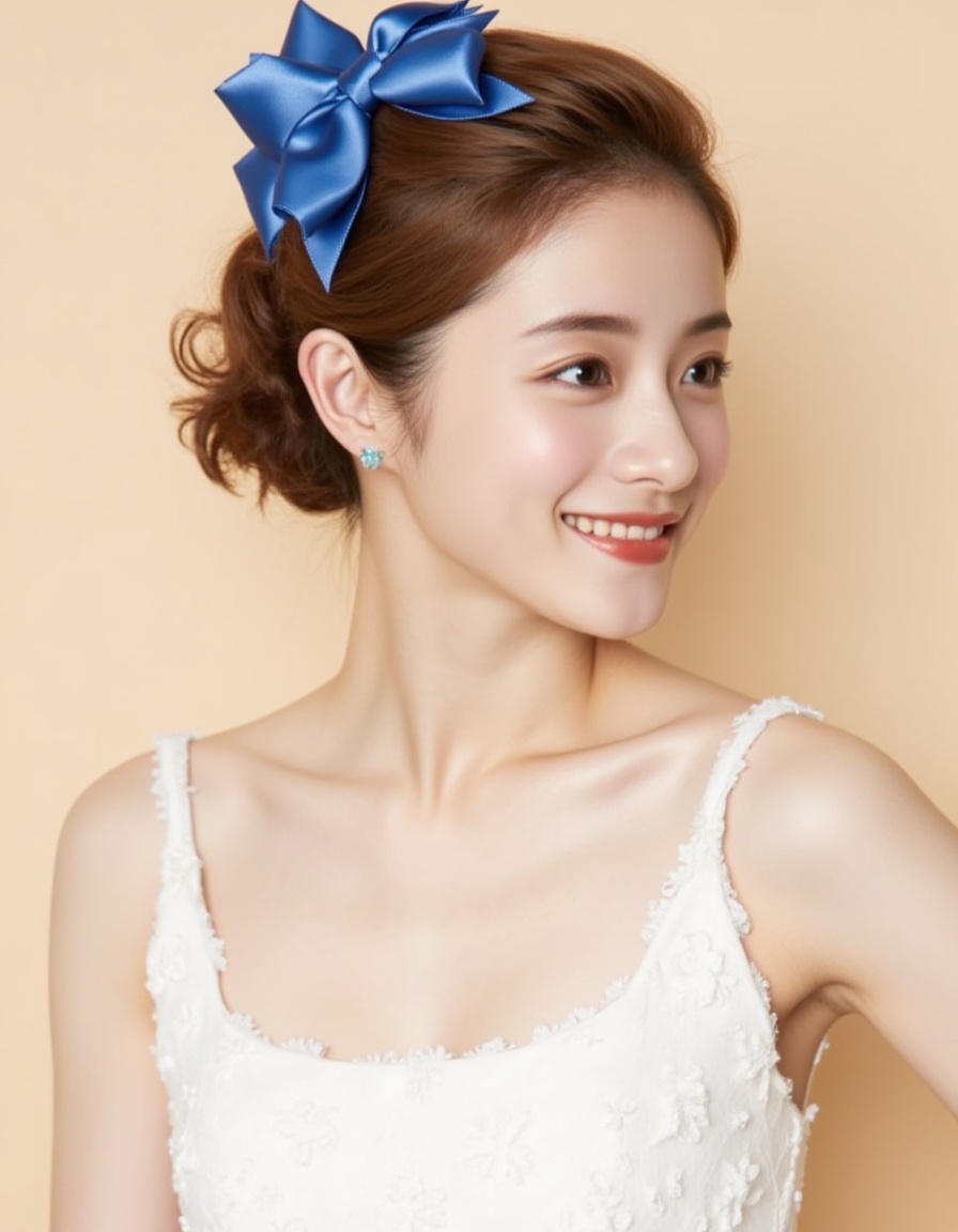 A photograph features a young Asian woman with fair skin and a slender build. She has wavy, light brown hair adorned with a large, satin blue bow. Her makeup is subtle, with a natural look. She wears a white, sleeveless, textured dress with delicate floral patterns. Her expression is calm and serene as she gazes slightly to the side. The background is a plain, light beige, ensuring the focus remains on her. The image has a soft, dreamy quality, emphasizing elegance and innocence.
