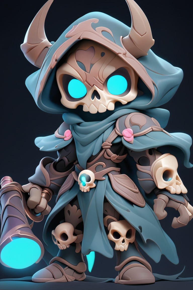 An intricately designed, ethereal figure with a skull-like face, glowing eyes, and ornate armor stands against a dark background. The figure is adorned with blue and pink luminescent details, giving it an otherworldly and mystical appearance., black background, solo, skull, standing, simple background, armor, holding, no humans, glowing, holding weapon, weapon, horns, blue eyes, helmet, looking at viewer, full body, hood up, hood, (masterpiece,best quality:1.2)