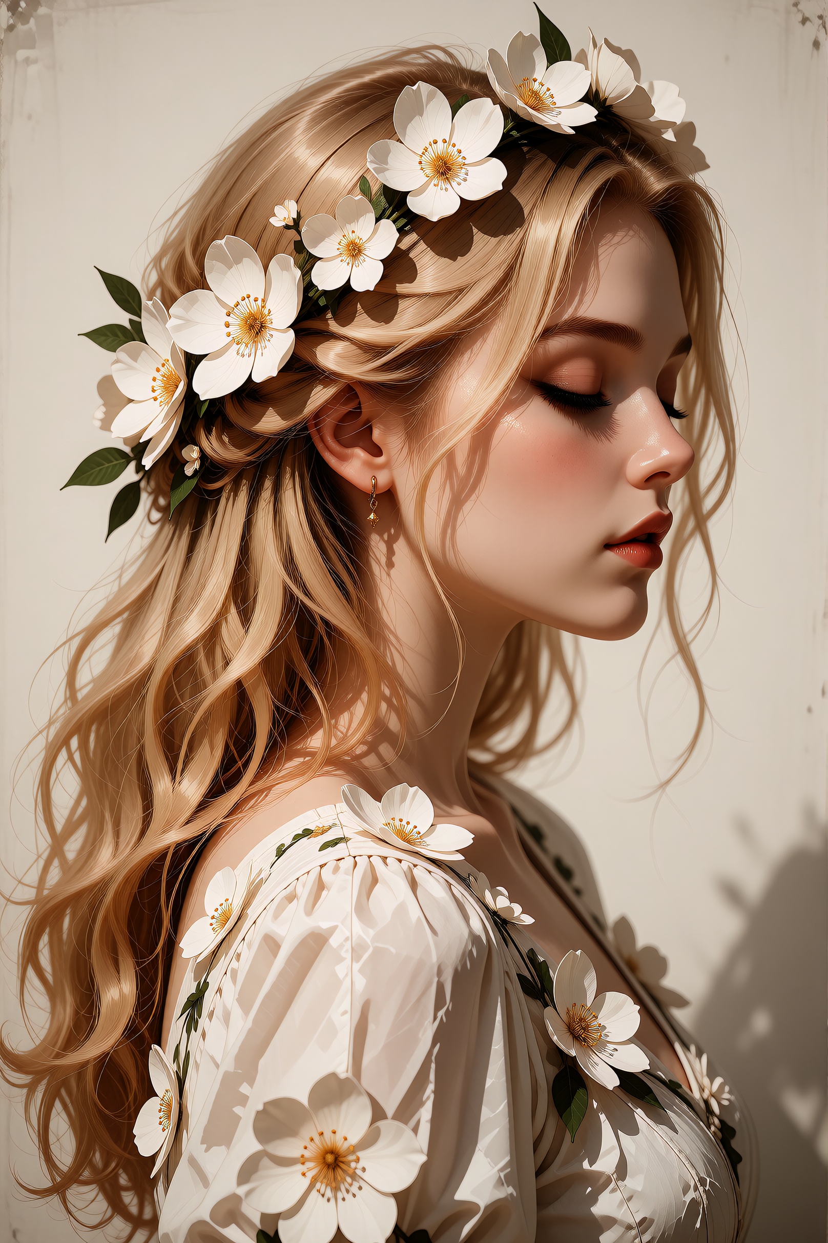 A digital illustration shoot from a profile angle about a beautiful woman with long,  wavy blonde hair adorned with paper...