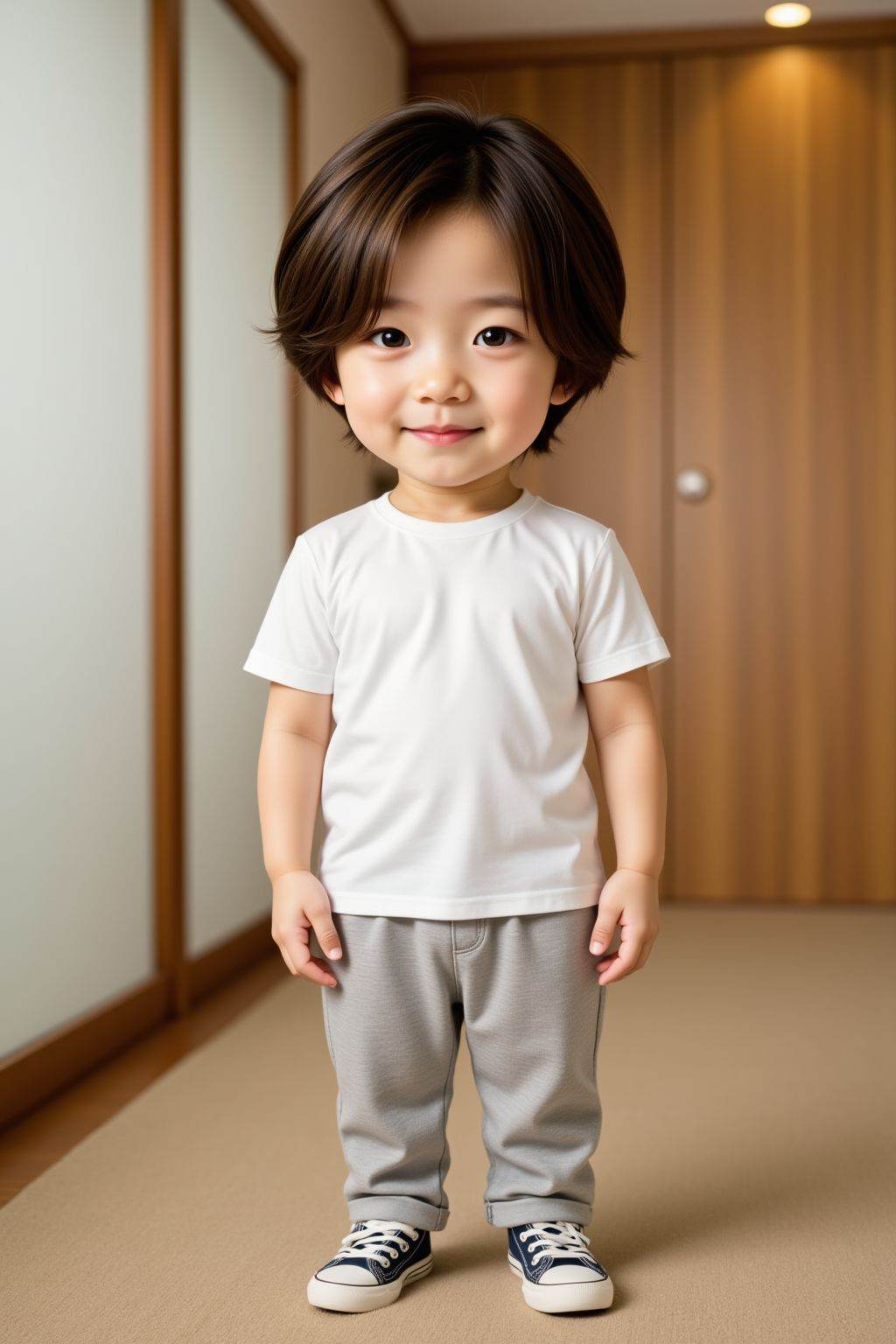 <lora:20250503_AgainCharactersF1Lora:1>, The image is a high-resolution photograph featuring a boy,solo,looking at viewer,long hair,standing,full body,clothes,indoors,realistic,chibi,