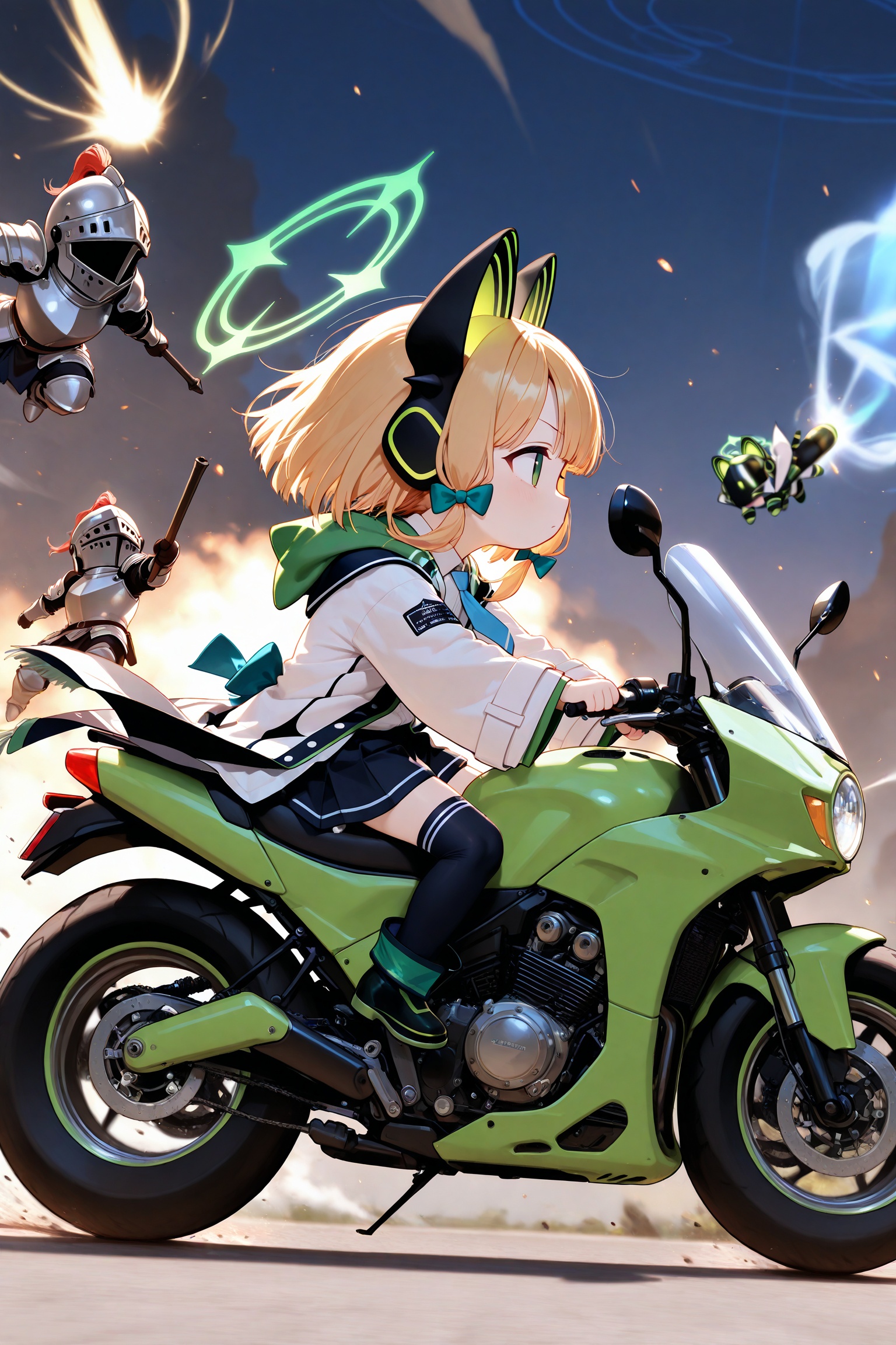 masterpiece,best quality,amazing quality,very aesthetic,newest,midori \(blue archive\),blue archive,1girl,school uniform,knight,chibi,riding a motorcycle,battle,from side,