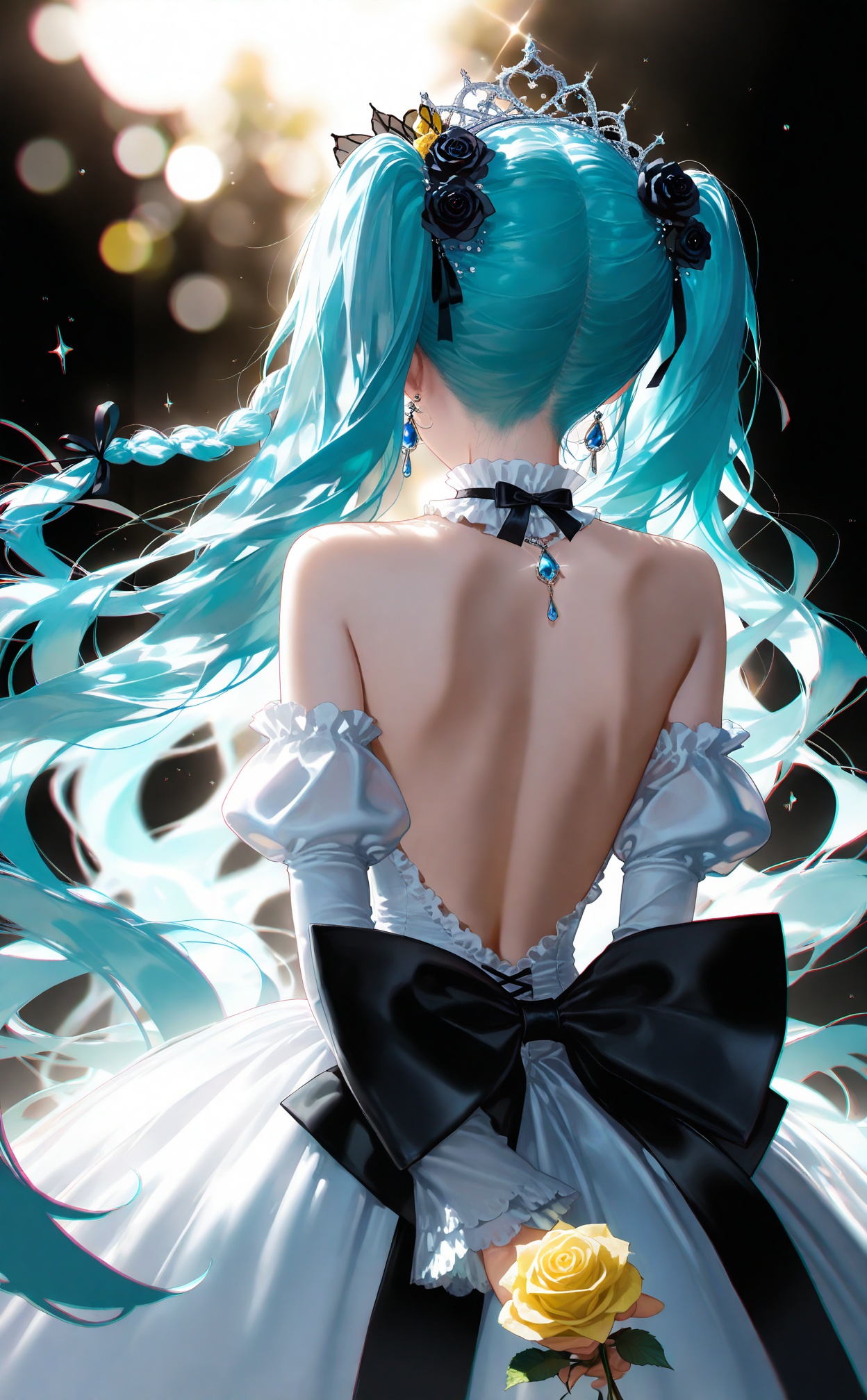 masterpiece,absurdres,best quality,high quality,chromatic_aberration,//,flower, black flower, 1girl, black rose, hair flower, hair ornament, rose, dress, solo, long hair, holding, jewelry, holding flower, yellow flower, white dress, earrings, back focus, ribbon, detached sleeves, hair ribbon, aqua hair, black ribbon, from behind, yellow rose, black background, very long hair, back bow, frills, backless outfit, bare shoulders, long sleeves, tiara, braid, puffy sleeves, back, arms behind back, strapless dress, light particles, strapless, backless dress, facing away, bow, crown, frilled sleeves, juliet sleeves, bare back, black bow, hatsune miku, detached collar, blue hair, bokeh, wavy hair, cowboy shot, sparkle, gem, standing, wide sleeves, blurry, single braid, frilled dress, depth of field, lens flare, frilled collar, median furrow, glint, white sleeves//,<lora:nyalia917——【NOOB】hans:0.8>,