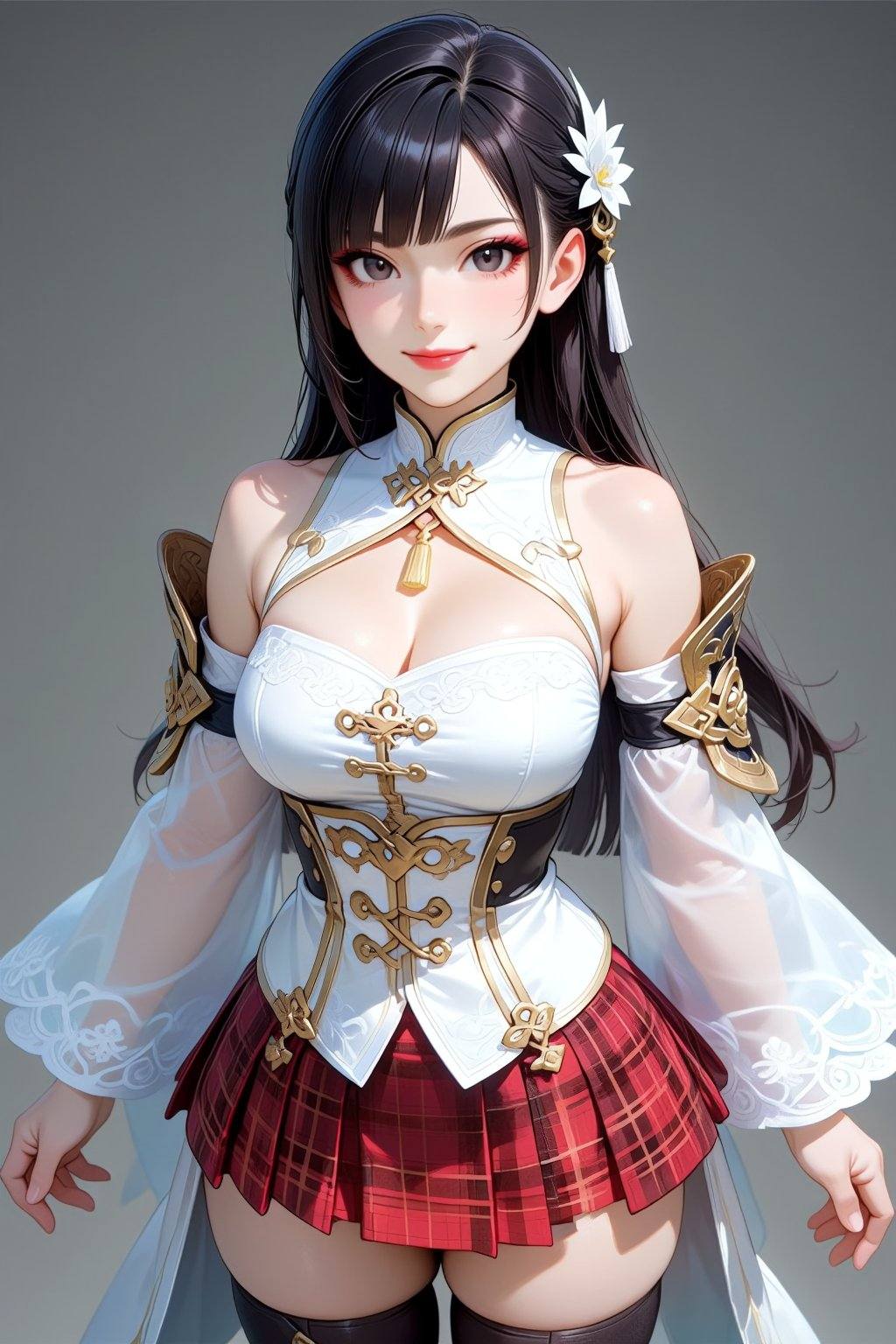 This is a highly detailed,  realistic CGI image depicting a young Asian woman with a fair complexion and long,  straight b...