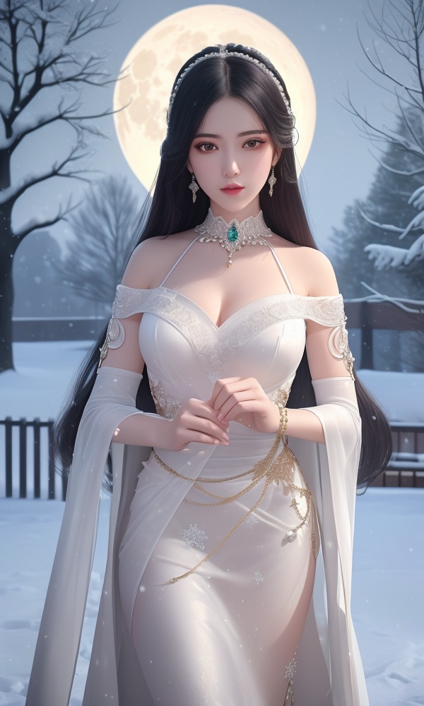 <lora:418-DA-百炼成神-莫雨馨:0.8>,(,1girl, ,best quality, ),looking at viewer,ultra realistic 8k cg, picture-perfect face,   clean, masterpiece,     cinematic lighting, cinematic bloom, fantasy,  , unreal, science fiction, ((,1girl, pov,))(((,tree, 1girl, full moon,snowing,snow ,solo,     solo focus,  long_hair, looking_at_viewer,  )))  (rich:1.4,)     prestige, luxury, jewelry, diamond, gold, pearl, gem, sapphire, ruby, emerald, intricate detail, delicate pattern, charming, alluring, seductive, erotic, enchanting, hair ornament, necklace, earrings, bracelet, , 1girl, , , depth_of_field, solo, , ,