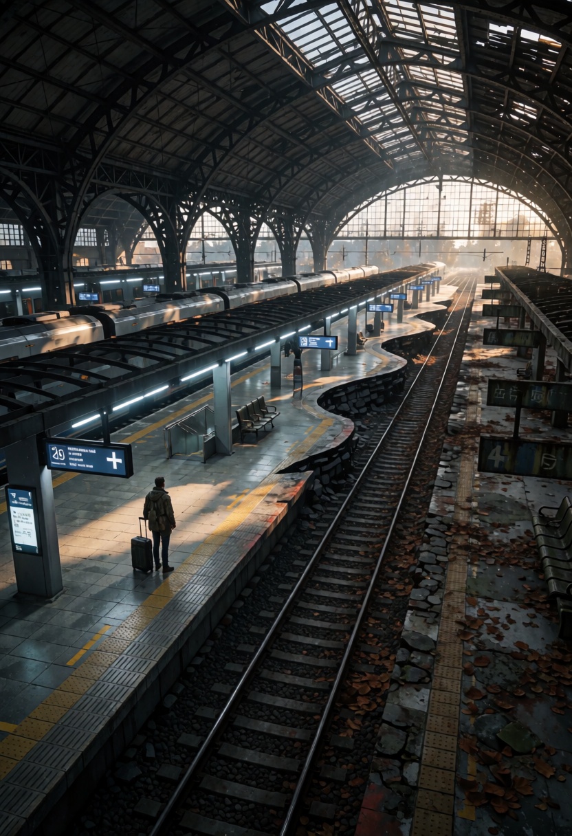 ta86_realityfracture,  a large railway station platform viewed from an elevated diagonal angle,  one solitary traveler sta...