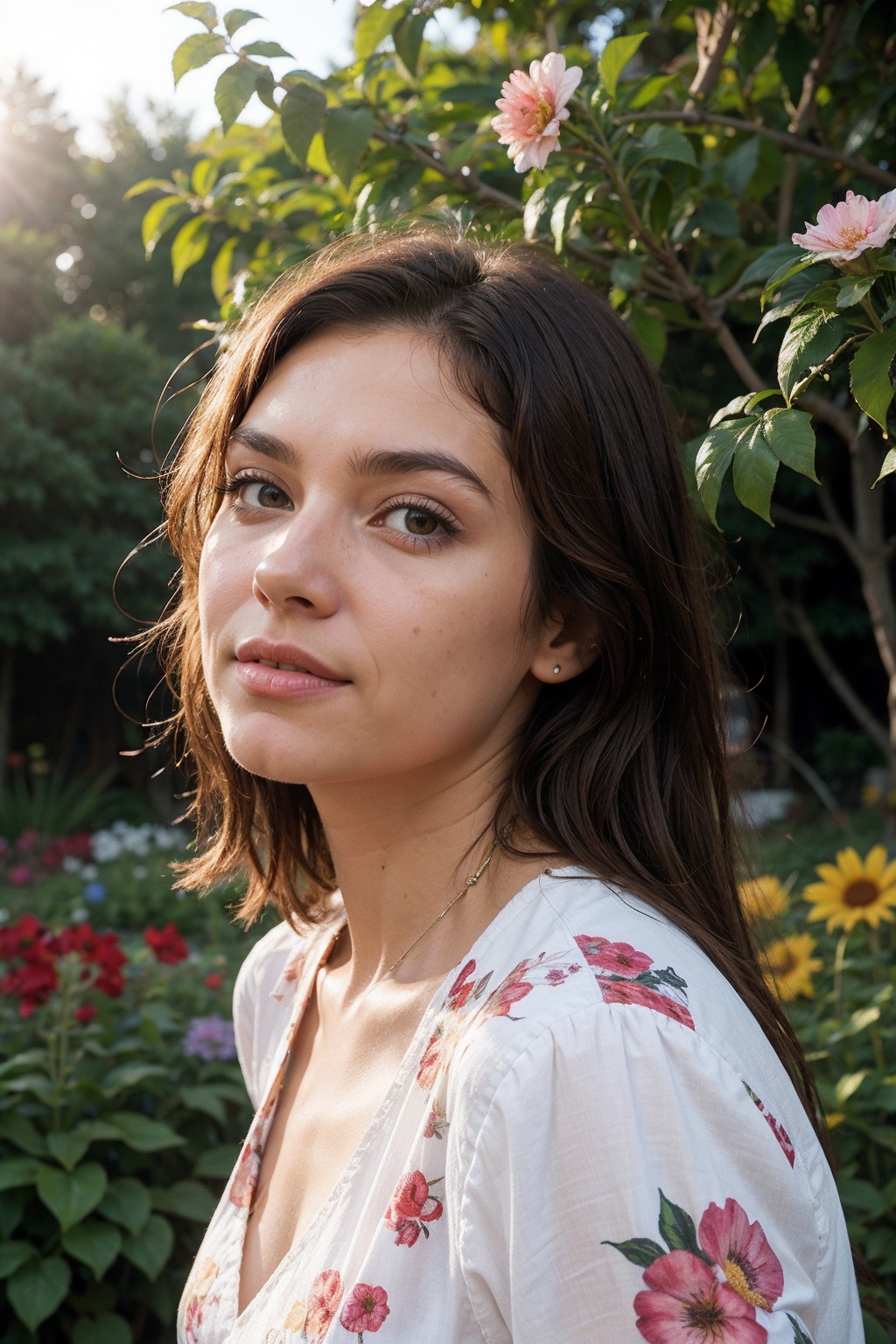Woman and flower garden and afternoon sun and eye-level angle on Tensor.Art