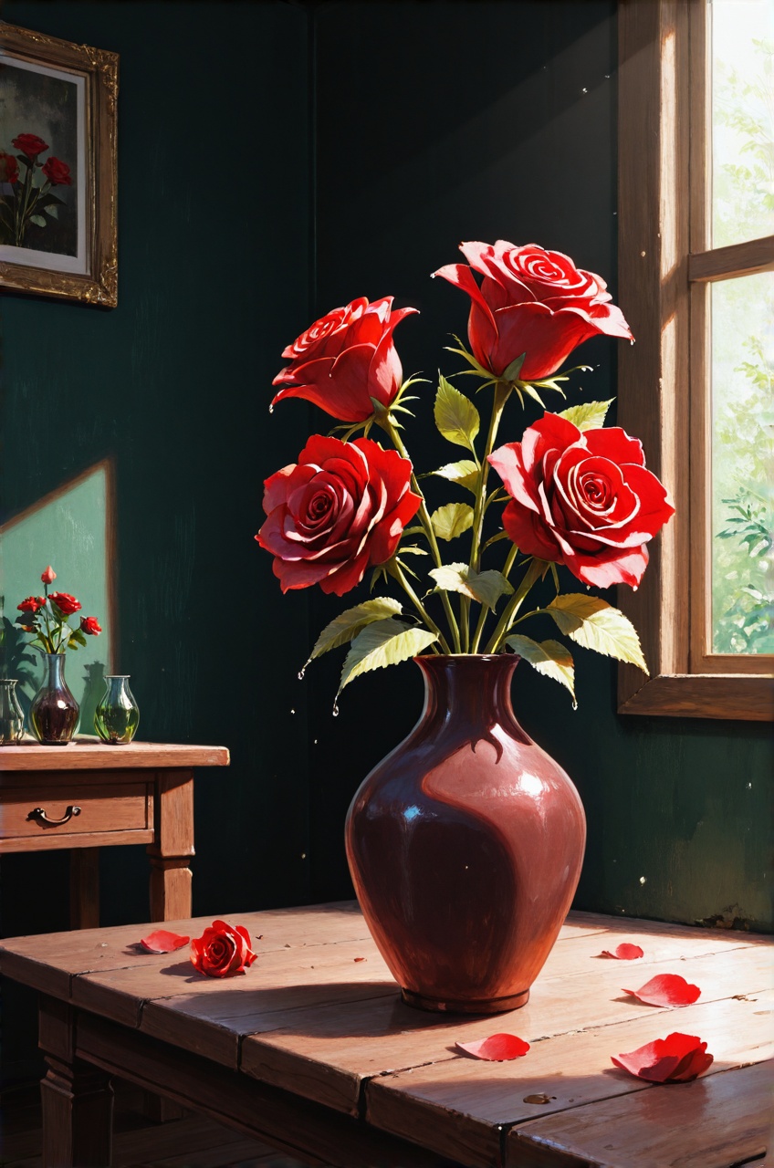 masterpiece,  best quality,  still life blooming red roses vase on Tensor.Art