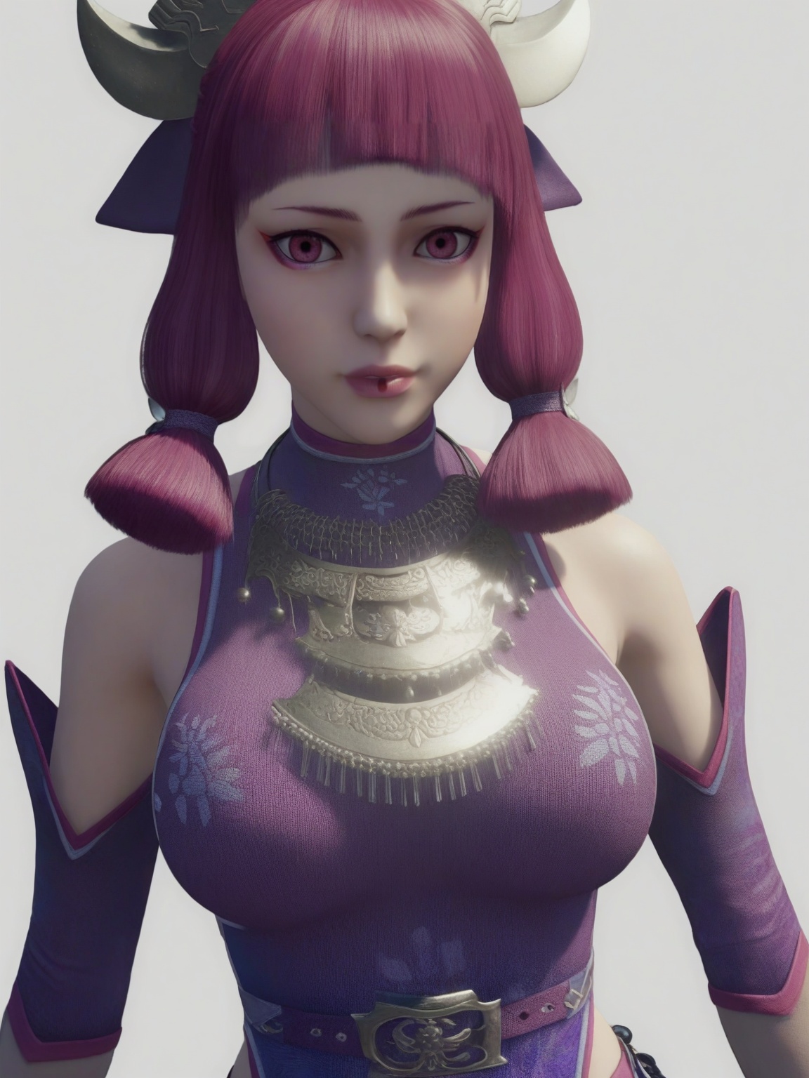 score_9,<lora:SF_ChiMeng2_Pony_Realism-000004:0.7>,1girl,solo,purple clothes,detached sleeves,bangs,pink hair,purple eyes,belt,large breasts,hair ornament,standing,makeup,upper body, fair_skin,white_skin,Ivory_skin,looking at viewer,white background,simple background,