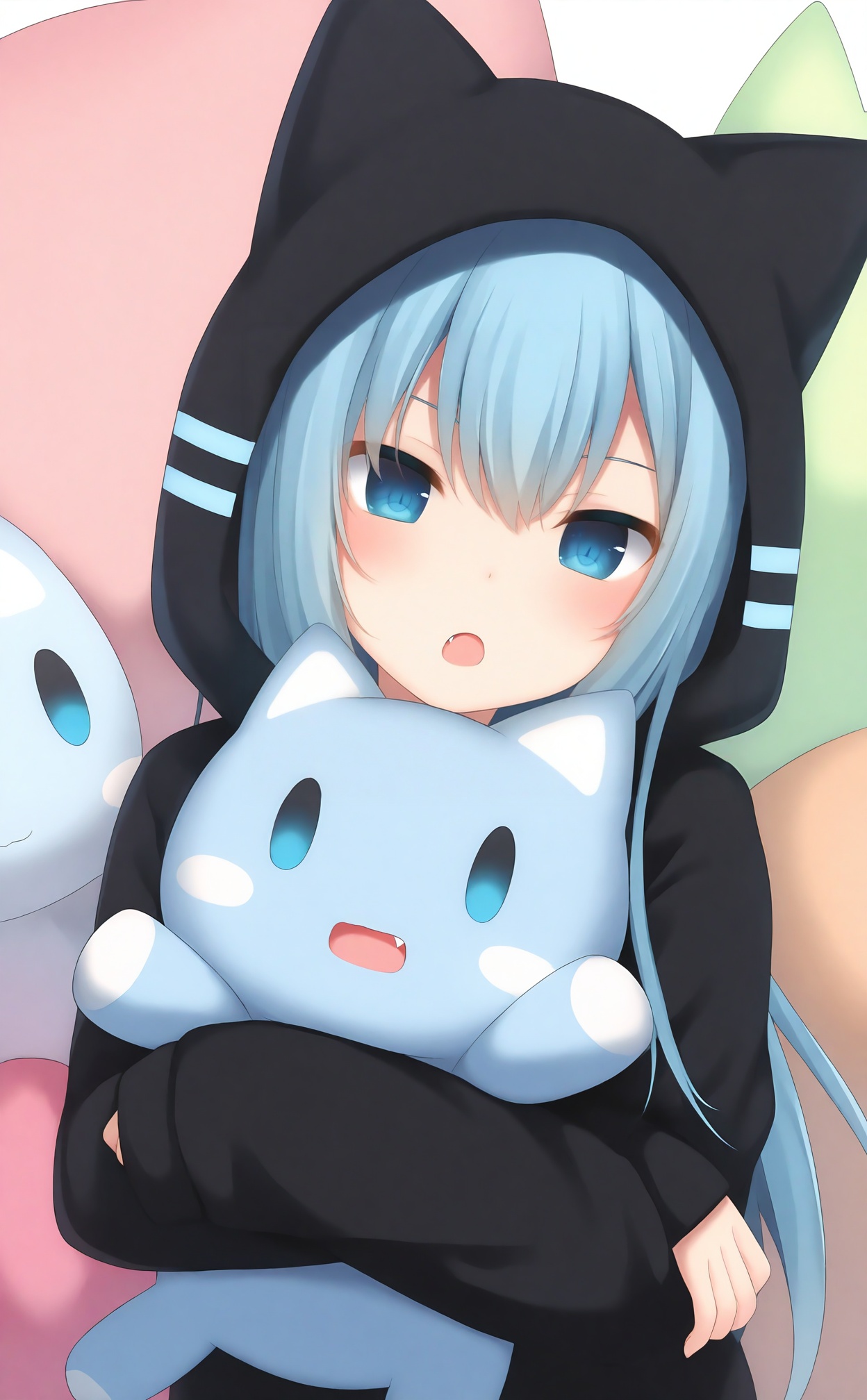 masterpiece,absurdres,best quality,loli,petite,high quality,chromatic_aberration,//,1girl, solo, hood, fang, blue_hair, blue_eyes, stuffed_cat, hair_between_eyes, black_hoodie, looking_at_viewer, open_mouth, hoodie, blush, stuffed_toy, hood_up, cat_hood, portrait, animal_hood, long_hair, stuffed_animal, :o, head_tilt, animal_ears, hugging_object, fake_animal_ears//,//,<lora:gancheng——【noob】hans:0.88>,