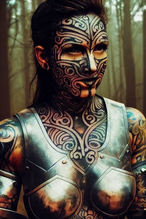 picture of (warrior woman with face and body tattoos) ,  wearing a (((iron armor))) in a ((burning forest)) on Tensor.Art