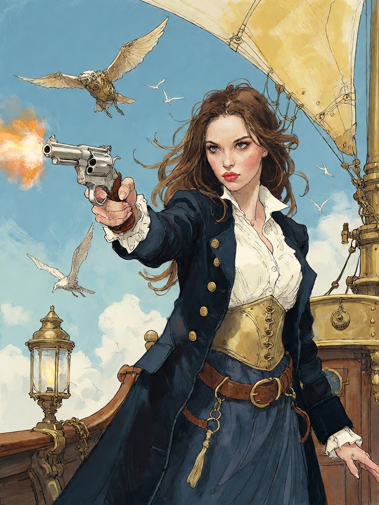 Bradhamel art style. A dynamic illustration of a young Caucasian woman with long,  flowing brown hair,  dressed in a dark...