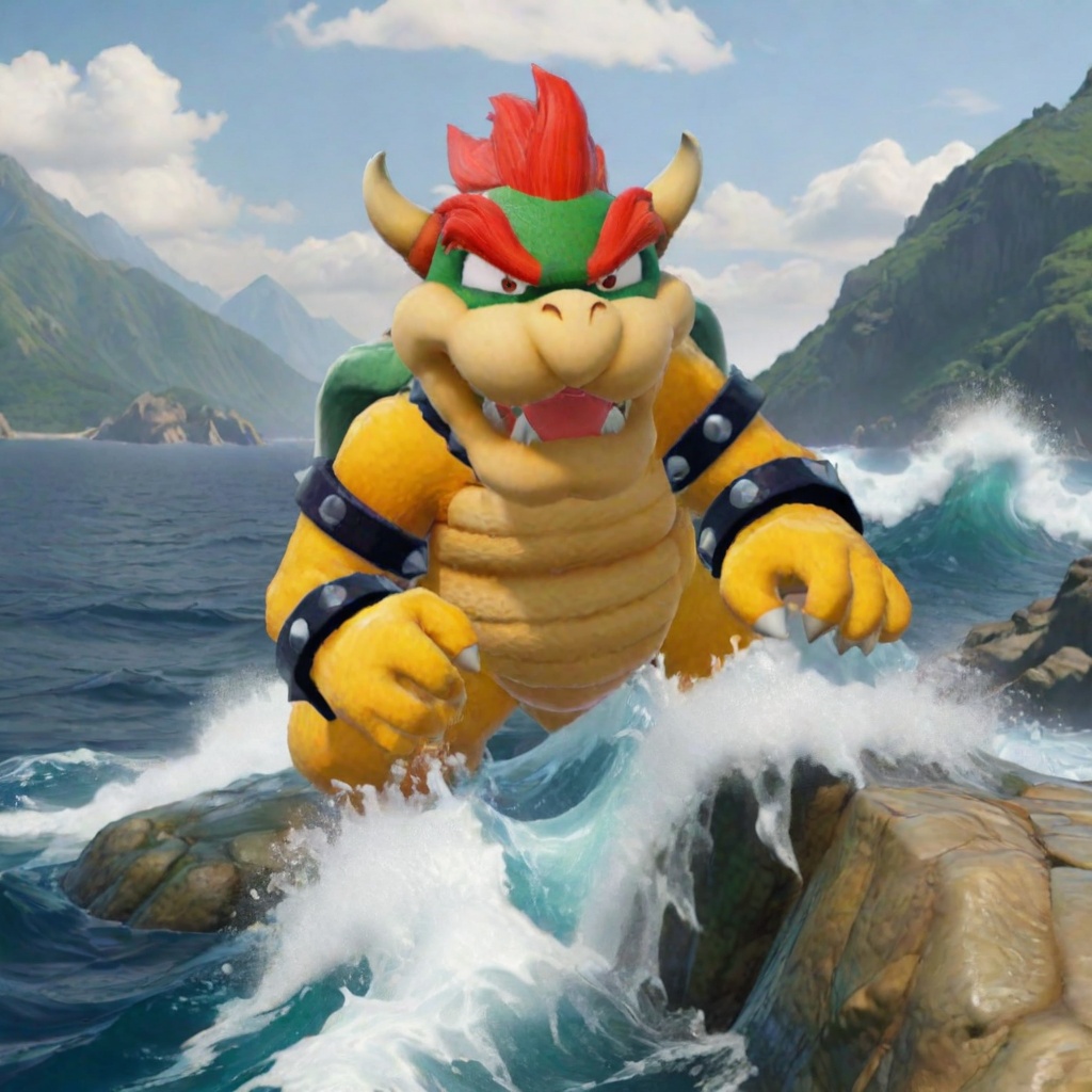 Bowser climbing the mountain on the sea which is made of water,  realistic on Tensor.Art