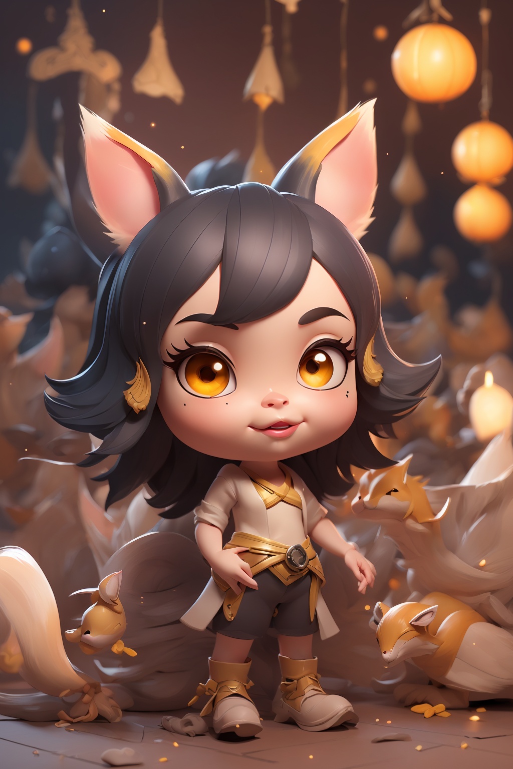 fox_tail,black-hair,5_figners,yellow_eyes,fox_girl,fox_ears,Ahri,midjourney,upper_body,1 girl,More Detail,perfect light,CJ painting