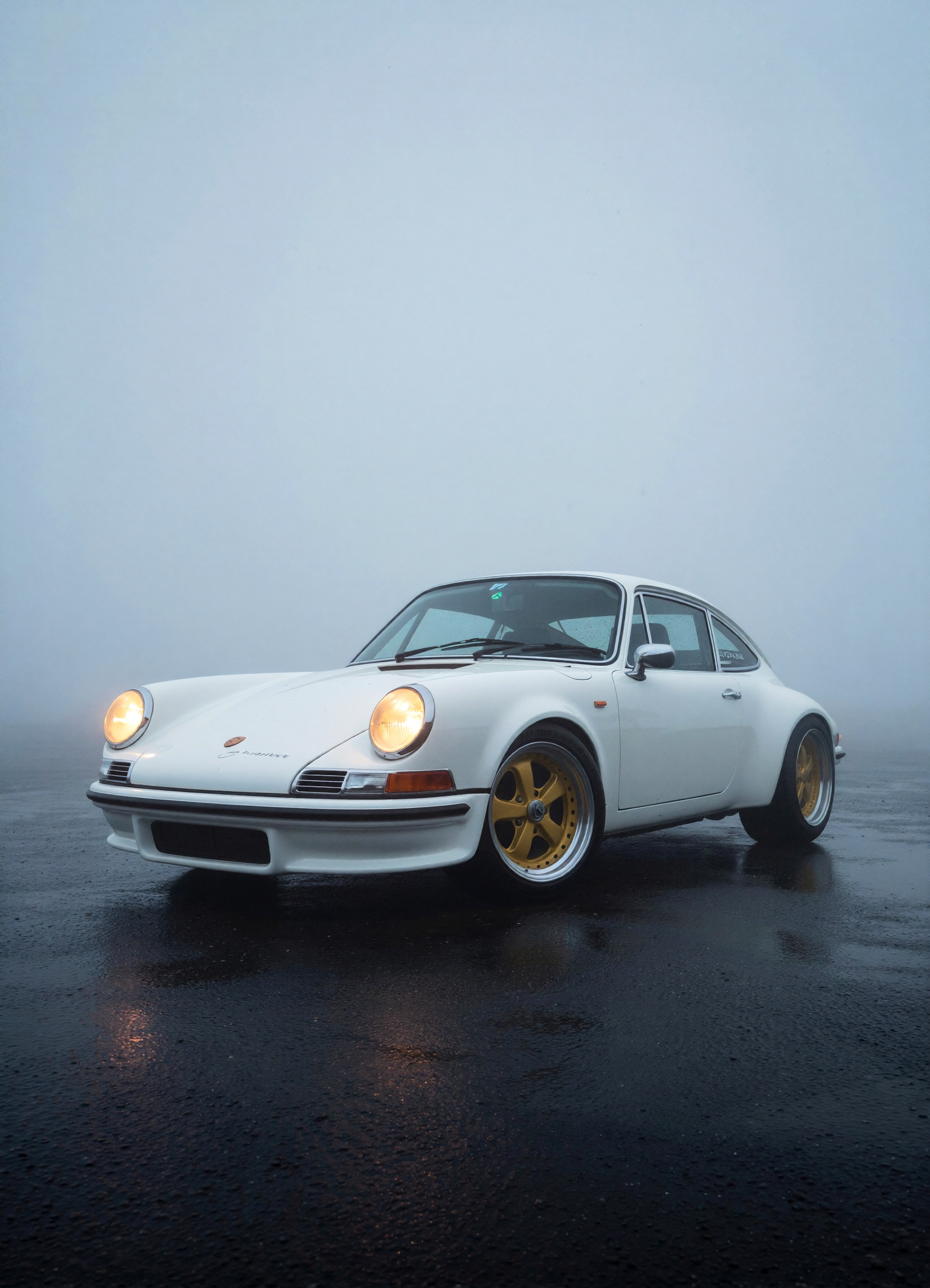 cinematic photoreal vertical shot,  ultra-clean 1970s white Porsche sports coupe centered in dense rolling fog on a dark w...