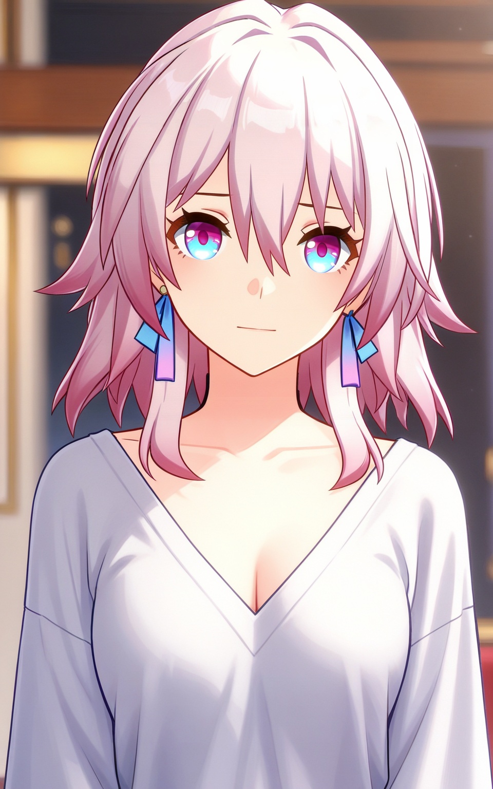 depth of field,masterpiece,best quality,very aesthetic,alternate costume,alternate costume,2024,2023,perfect composition,ultra-detailed,extreme aesthetic,masterpiece,best quality,good quality,newest,year 2024,year 2023,very aesthetic,absurdres,looking_at_viewer,colorful,upper_body,<lora:三月七·衣服百搭款ILL:0.8>,march 7th \(honkai: star rail\),pink hair,medium hair,two-tone eyes,blue eyes,pink eyes,hair between eyes,hair ornament,earrings,single earring,