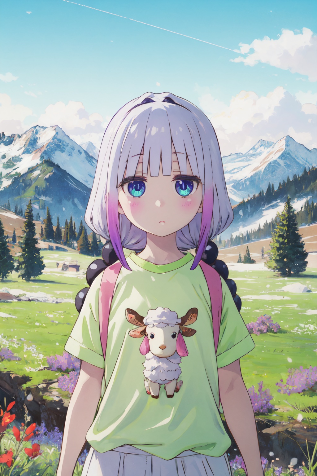<lora:Kanna-000015:0.9>,kanna cyql,1girl,looking at viewer,solo,long hair,purple hair,blunt bangs,twintails,low twintails,multicolored hair,blue eyes,child,Printed mini skirt, black tee, sneakers,smile,bust,High above, a vast meadow stretches to the horizon, dotted with wildflowers. Cattle and sheep graze leisurely while snow-capped mountains encircle the scene in the distance,(Olive trees, Tuscan villa, Rolling hills, Harvested olives, Warm sunlight, Cypress trees:0.5),beautiful detailed sky,beautiful detailed glow,posing in front of a colorful and dynamic background,masterpiece,best quality,beautiful and aesthetic,contrapposto,female focus,wallpaper,