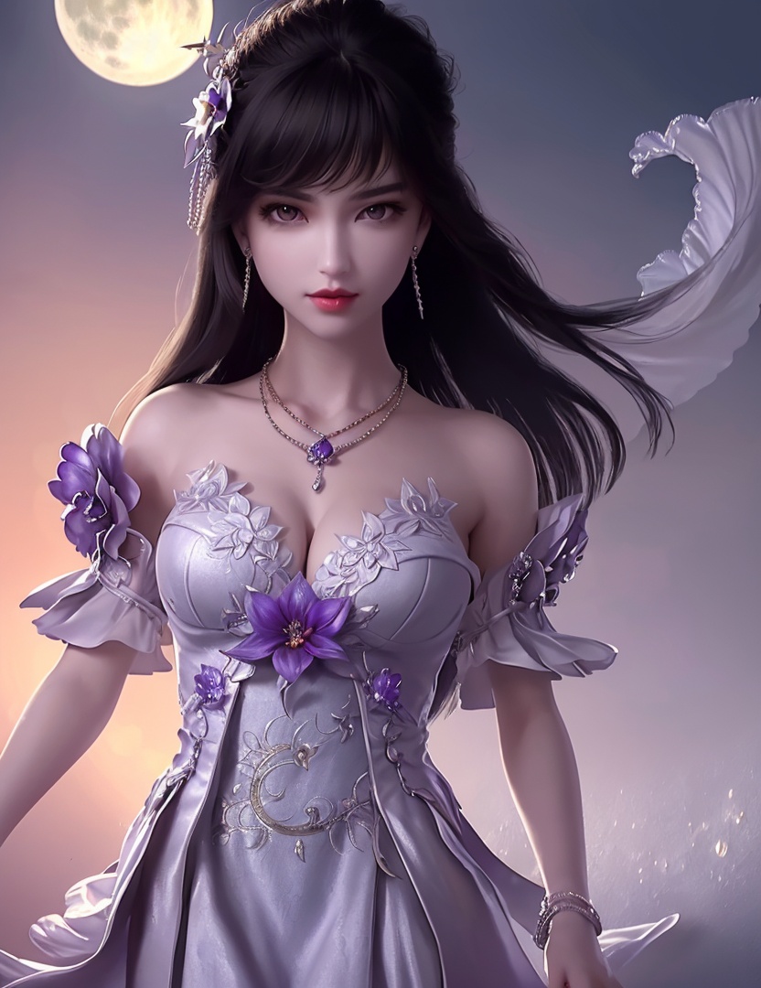 ultra realistic 8k cg, picture-perfect face, flawless, clean, masterpiece, professional artwork, famous artwork, cinematic lighting, cinematic bloom, perfect face, beautiful face, fantasy, dreamlike, unreal, science fiction,   lace, lace trim, lace-trimmed legwear,  (rich:1.4), prestige, luxury, jewelry, diamond, gold, pearl, gem, sapphire, ruby, emerald, intricate detail, delicate pattern, charming, alluring, seductive, erotic, enchanting, hair ornament, necklace, earrings, bracelet, armlet,halo((,1girl, pov,))(((1girl, jewelry, solo,, breasts, , looking_at_viewer,  outdoors,  full moon,  upper body,  purple flower, )))    <lora:DA_YueChanTeen:0.7>