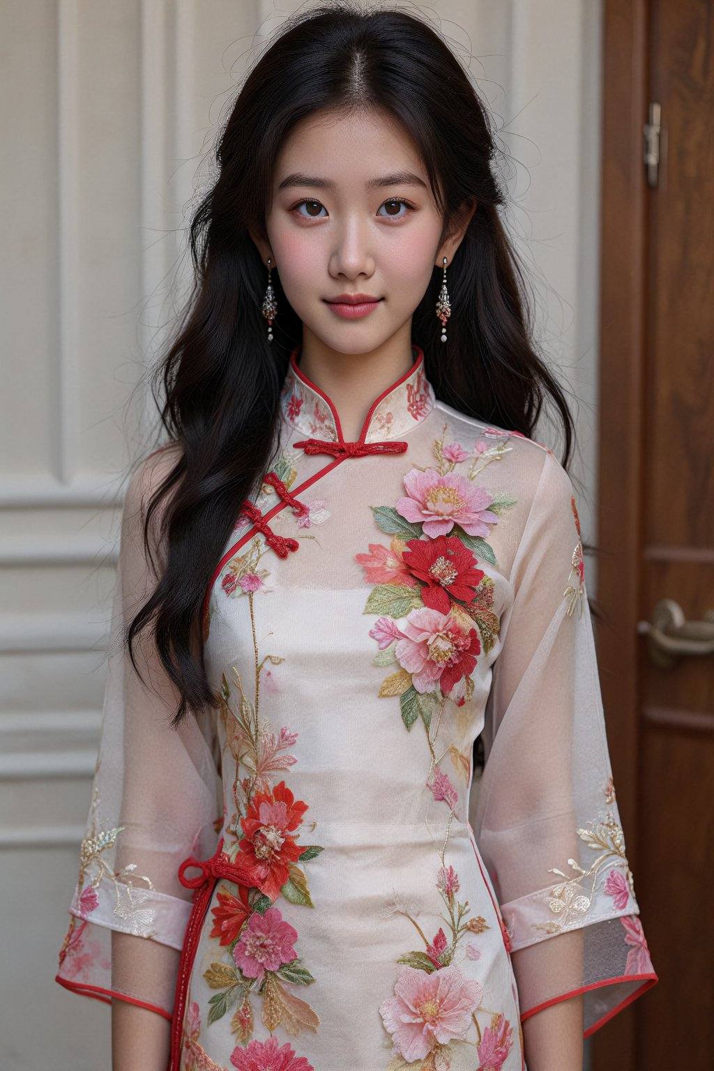 A photograph of an East Asian woman with long,  wavy black hair and fair skin. She wears a traditional Chinese cheongsam d...