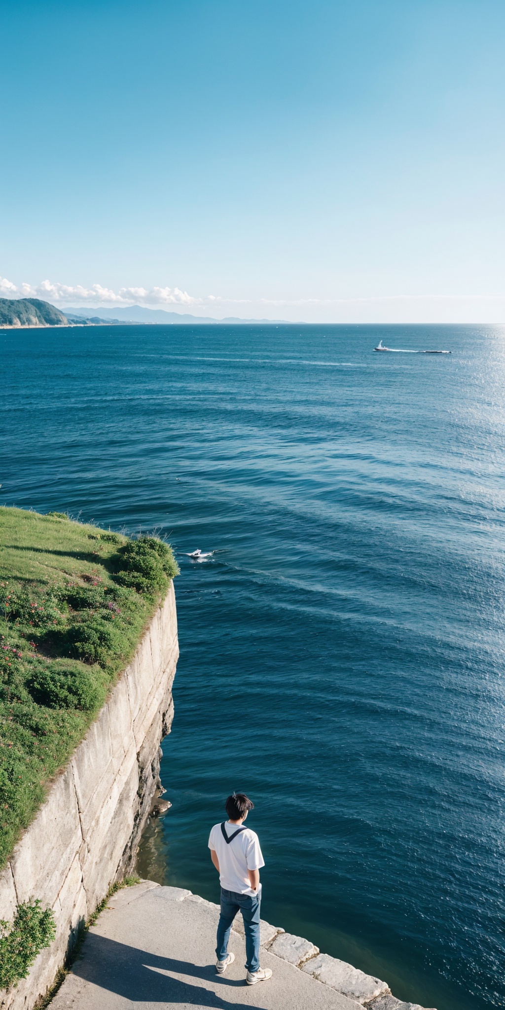 cinematic photo 1man,solo,looking at viewer,solo,full body,suburban scenery,sea,