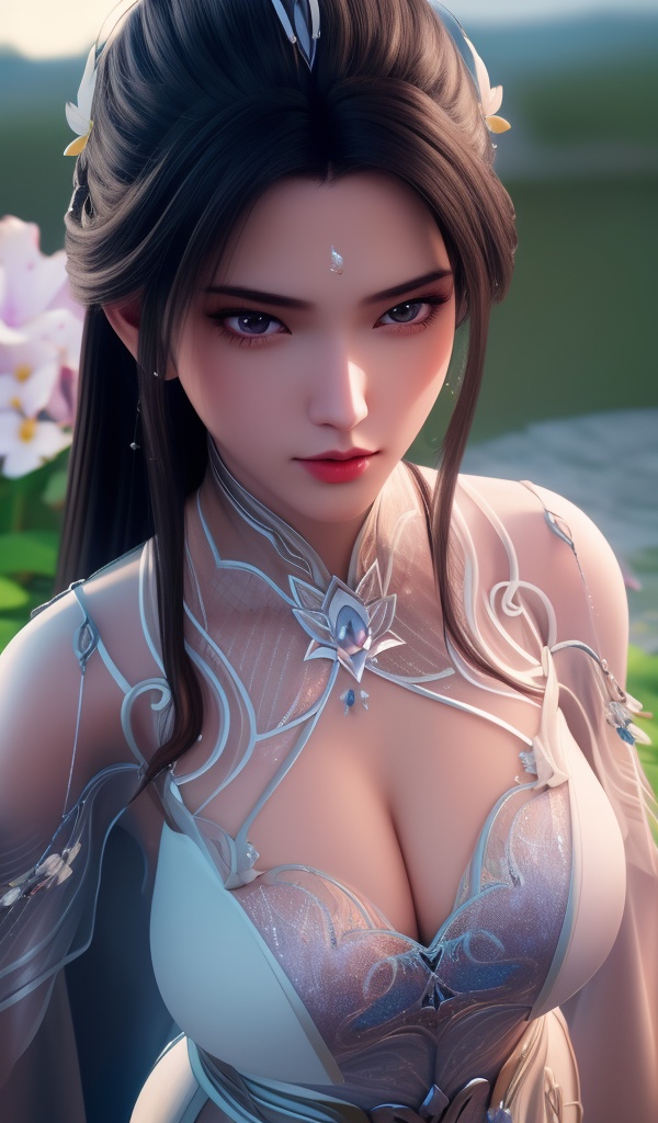 <lora:611-DA-诛仙-陆雪琪-V3:0.8>(,1girl, ,best quality, ),looking at viewer,  ,,ultra detailed background,ultra detailed background,ultra realistic 8k cg, ,masterpiece, (( , )),, realistic,science fiction,mole, ultra realistic 8k cg, ,     ,crescent moon, jasmine \(flower\),     (cleavage), (),