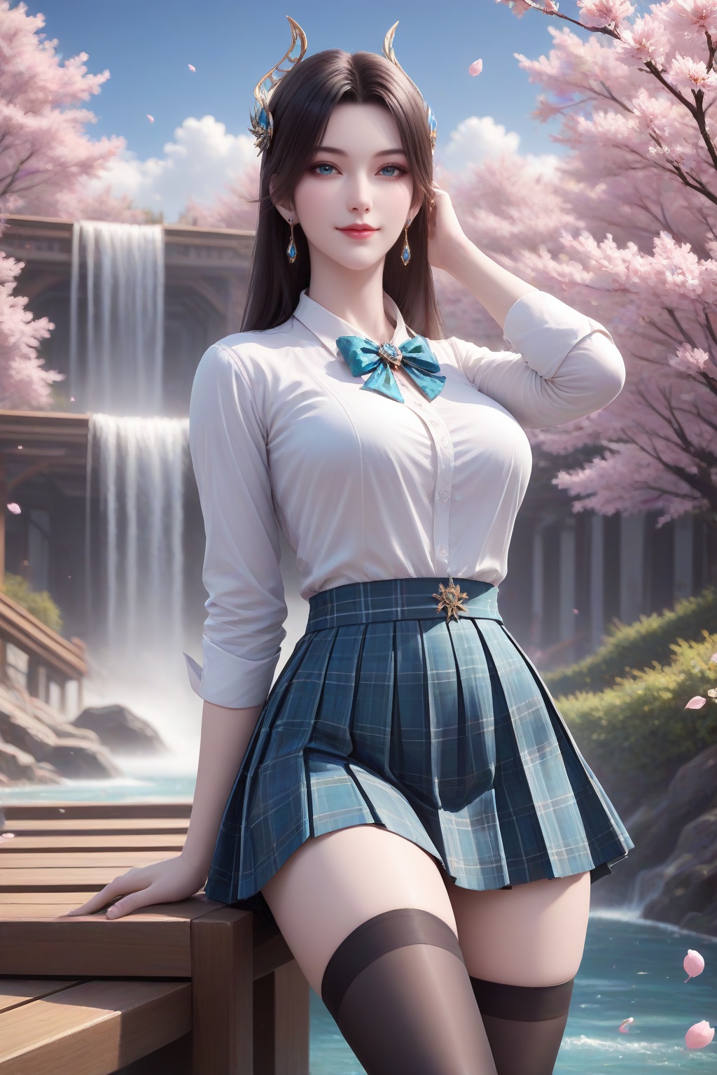 <lora:caoying_v2-000016:0.5>,caoying,1girl,long hair,hair ornament,solo,lips,lipstick,water,earrings,jewelry,falling petals,petals,flower,brown hair,branch,cherry blossoms,black hair,(white shirt,turquoise bow,bowtie,turquoise skirt,plaid skirt,red pleated skirt,),shiny legwear,black_loafers,looking at viewer,dynamic pose,light smile,leaning back,arm support,(outdoors,day,waterfall,sky,cloud,park,park bench,lamppost,),masterpiece,highres,absurdres,best quality,8K,high-res detailed,looking at viewer,dynamic pose,outdoors,wall,sky,blue sky,cloud,<lora:sh-glossy_r2:0.5>,thighhighs,black_thighhighs,<lora:LegLength&Muscular_400steps:1.5>,<lora:DetailedEyes_V3:0.5>,