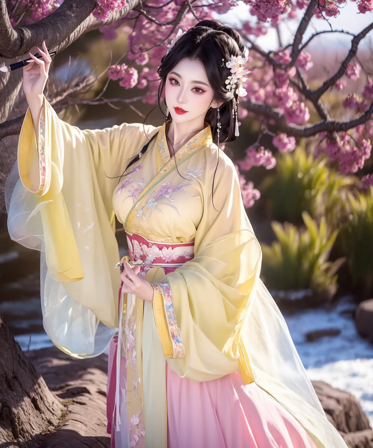 1girl,jewelry,red_lips_,lipstick,applying_makeup,diamond drop earrings,eye makeup,solo,black hair,<lora:汉服眼妆1.3:0.5>,in the forest,plump breasts,close-up,front,standing,<lora:汉服绝色交领1.1:0.9>,yellow long upper shan,yellow hanfu,empty-handed,