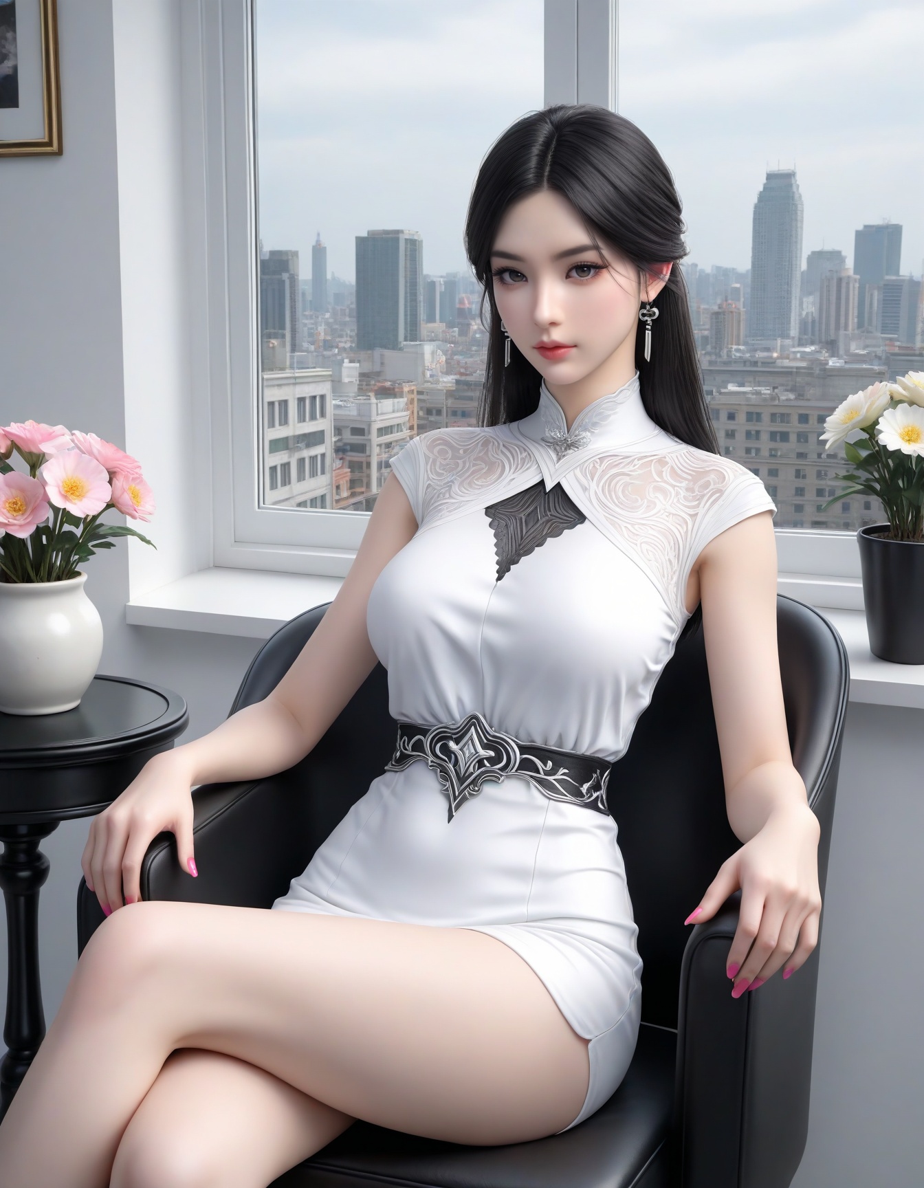 masterpiece,ultra-HD,photorealistic,high detail,best quality,8k,best quality,sharp focus,1girl,SFXuanYi,breasts,large breasts,looking at viewer,lipstick,white dress,black hair,makeup,eyelashes,pink nails,solo,full shot,cowboy shot,chair,sitting,window,indoors,cross legs,flower flower pot,city,<lora:SF_ZhaoQingHan_IL_Real_v50-000004:0.7>,