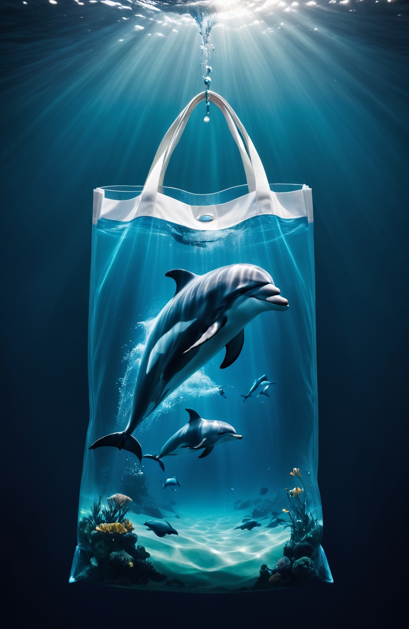 cinematic film still a bag with a picture of a dolphin inside of it,  wwf,  underwater ink env on Tensor.Art