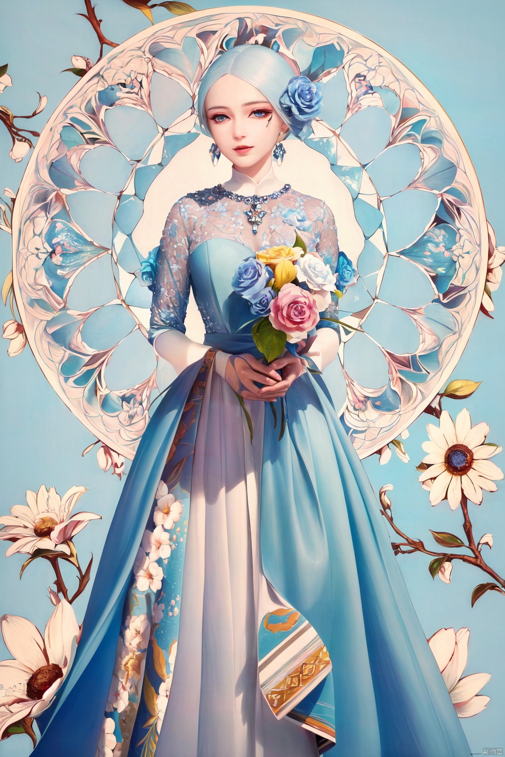 yaomo,(fashion photography:1.1),fashion andelegant woman,happiness,light blue floraldress,solid background,perfect lighting,,masterpiece:1,2), best quality.masterpiece, highres, perfect lighting<lora:EMS-378912-EMS:0.800000>