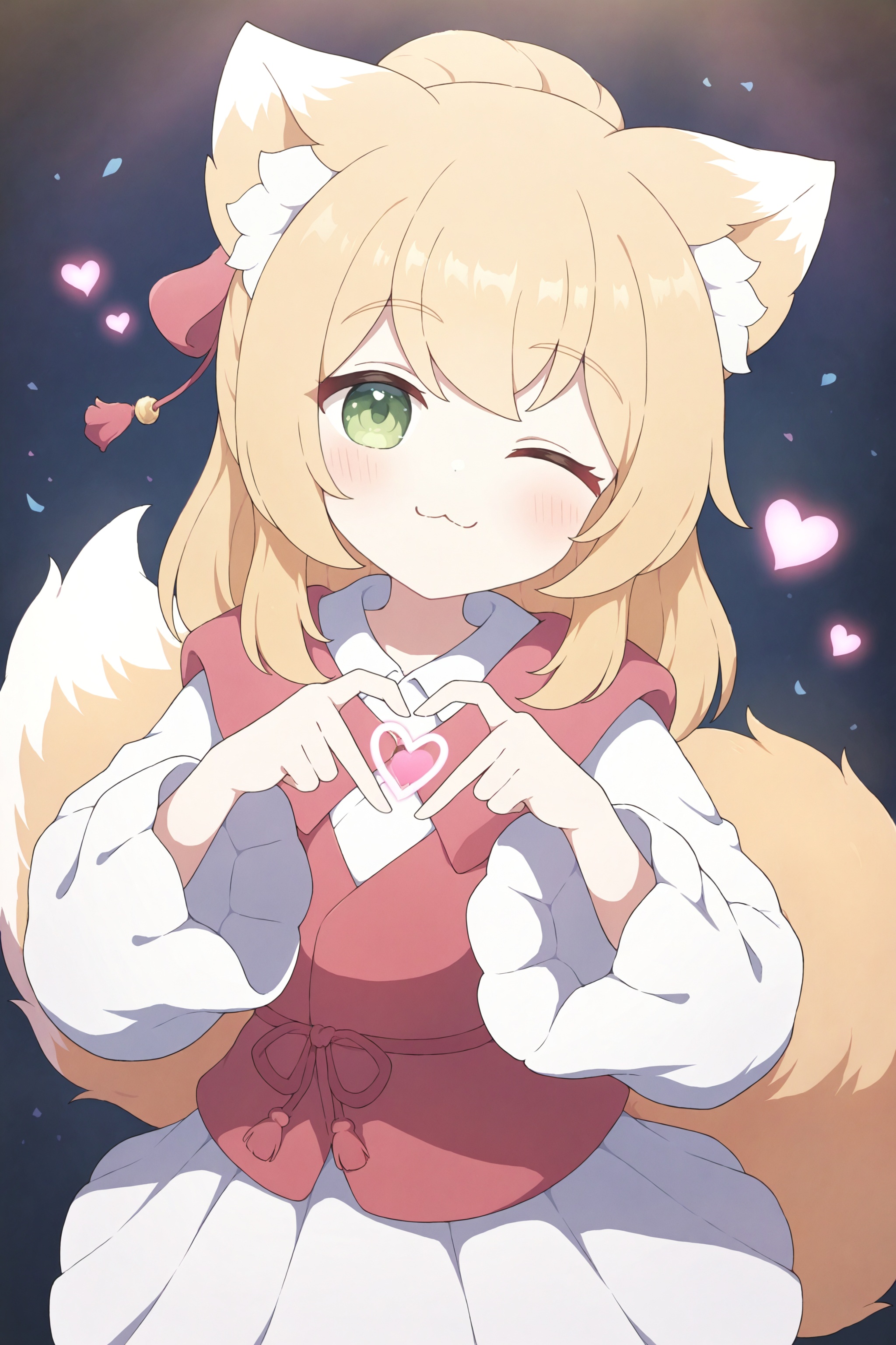 1girl, solo, fox girl,heart, heart hands, one eye closed, winking \(animated\), happy, :3,years2025, very aesthetic, masterpiece, best quality, ultra-detailed, huge filesize,<lora:Sora-TYC-XL-v1:0.85>