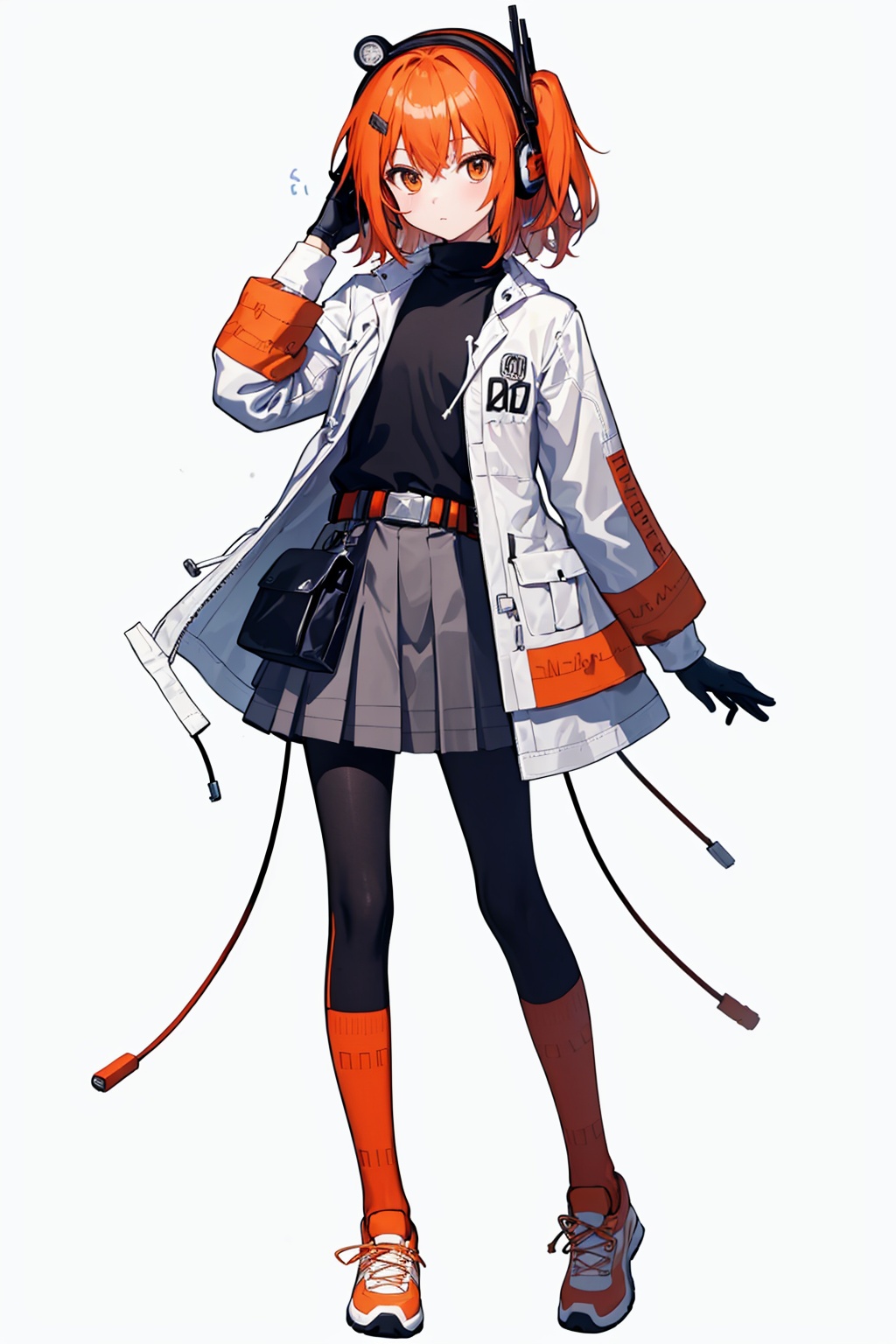 masterpiece,best quality, highly detailed, 1girl,adachi rei,black shirt,closed mouth,expressionless,grey skirt,long sleeves,looking at viewer,open jacket,parka,radio antenna,solo,turtleneck,white gloves,white jacket,black leggings,headset,utility belt,pleated skirt,cable,simple background,belt pouch,white background,full body,sneakers,hand up,<lora:adachi_rei:1>