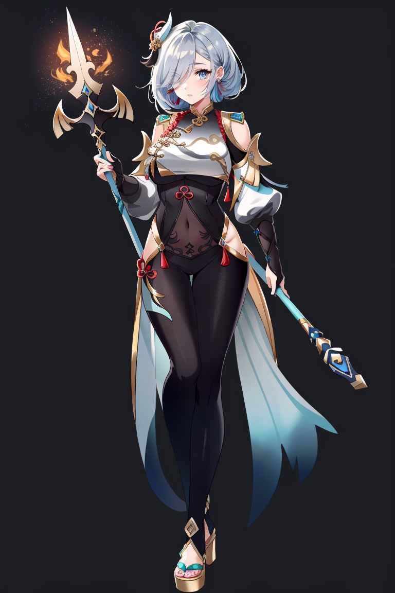 ((HRD, HUD, 8K)),((masterpiece, best quality)), highly detailed, soft light,ShenHe, 1girl, shenhe (genshin impact), long hair, solo, weapon, braid, breast curtain, bodysuit, hair over one eye, breasts, hair ornament, bird, hip vent, tassel, polearm, blue eyes, tassel earrings, holding, looking at viewer, very long hair, gloves, black bodysuit, shoulder cutout, braided ponytail, holding weapon, white hair, covered navel, partially fingerless gloves, nail polish, large breasts, bangs, toenail polish, clothing cutout, toenails, jewelry, high heels, black gloves, holding polearm, earrings, closed mouth, grey background, gold trim, blue nails, aqua nails, long sleeves, full body, red ribbon, crane (animal), grey hair, puffy sleeves, gradient, leg up,  <lora:20240630-1719732786968:0.75>