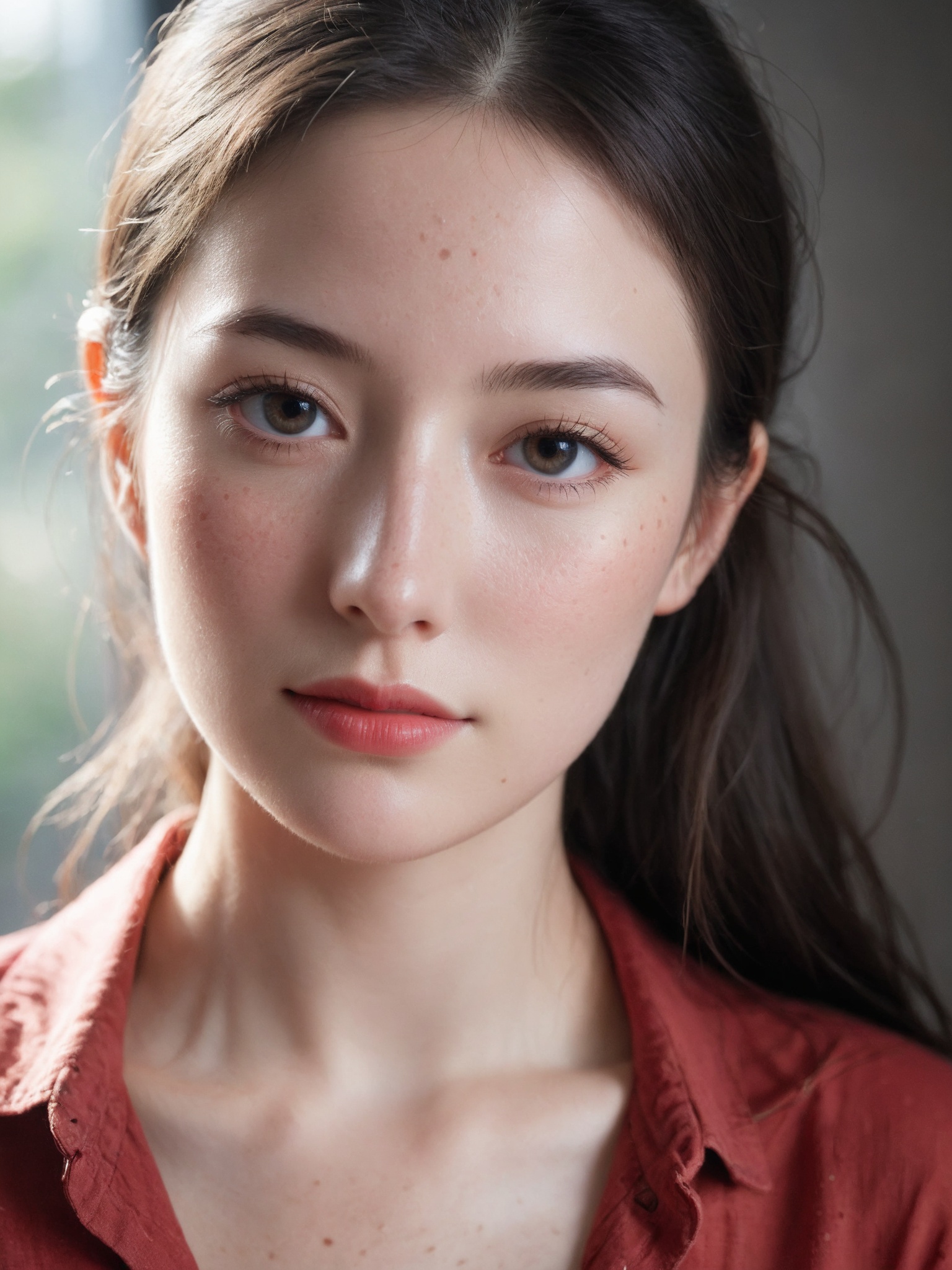 RAW photo,portrait of a beautiful woman wearing a red shirt (high detailed skin:1.2),8k uhd,dslr,soft lighting,high quality,film grain,Fujifilm XT3,upper body,cute face,eye level,focus on eyes,dappled light on face,pale skin,no make-up,detailed face and eyes,natural skin texture,highly detailed skin,textured skin,skin pores,skin blemish,imperfect skin,intricate skin details,visible skin detail,detailed skin texture,subsurface scattering,blush,few freckles,few moles,goosebumps,minor skin imperfections,skin pores,[[[wrinkles]]],vitiligo spots,whiteheads,blackhead,white pimples,red pimples,beauty spot,remarkable detailed pupils,detailed iris,very thin eyebrows,