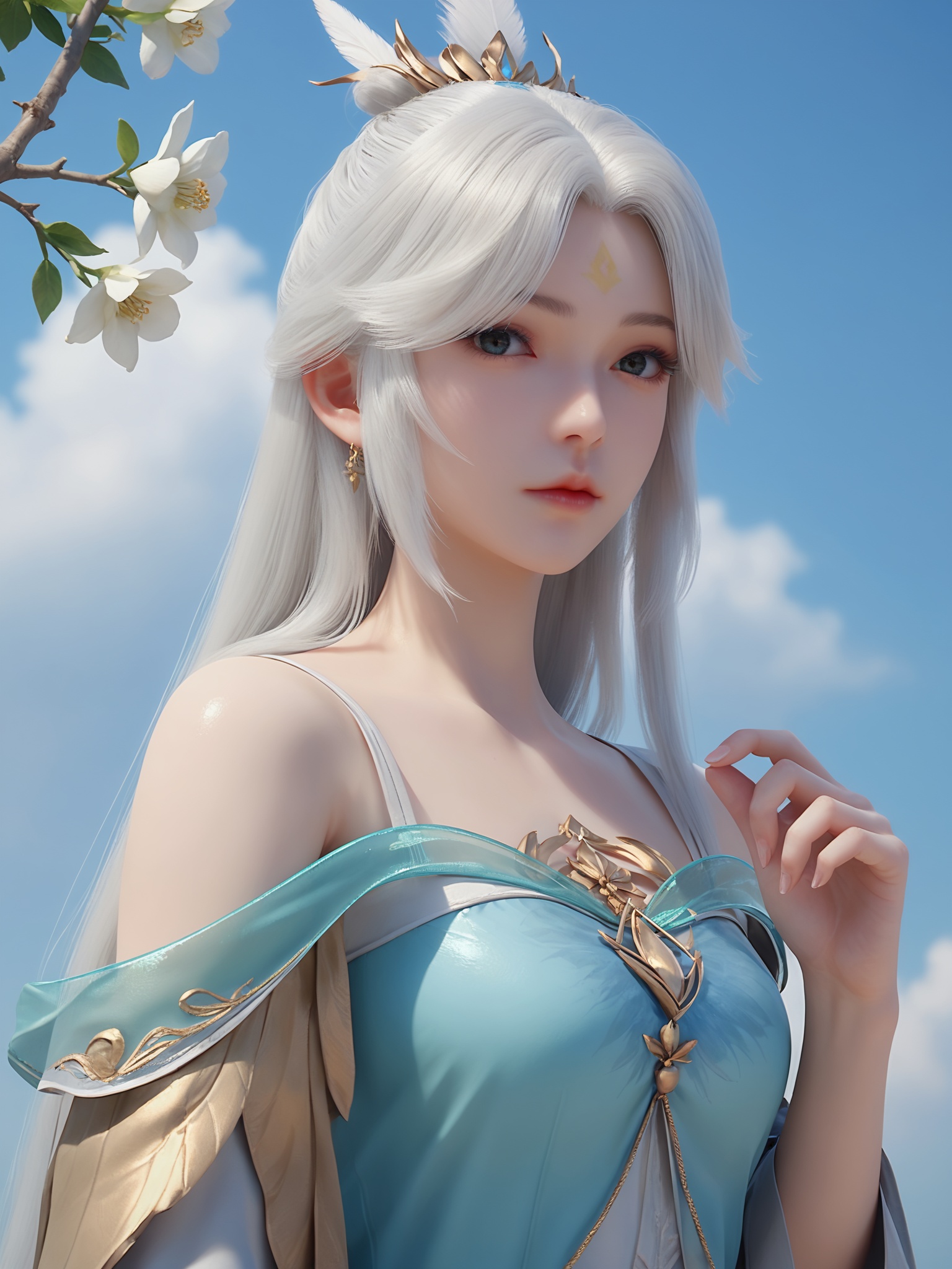 score_9,score_8_up,score_7_up,score_6_up,sfw,high detail,best quality,blue sky,(simple background:1.2),rim light,face the light,blight,shiny,(pale skin:1.3),day,white flower,branch,cloud,looking at viewer,hand up,<lora:雪琳Pony-完美世界:0.6>,1girl,silver-white hair,wearing a flowing,off-the-shoulder,blue dress with intricate golden accents and a high collar,